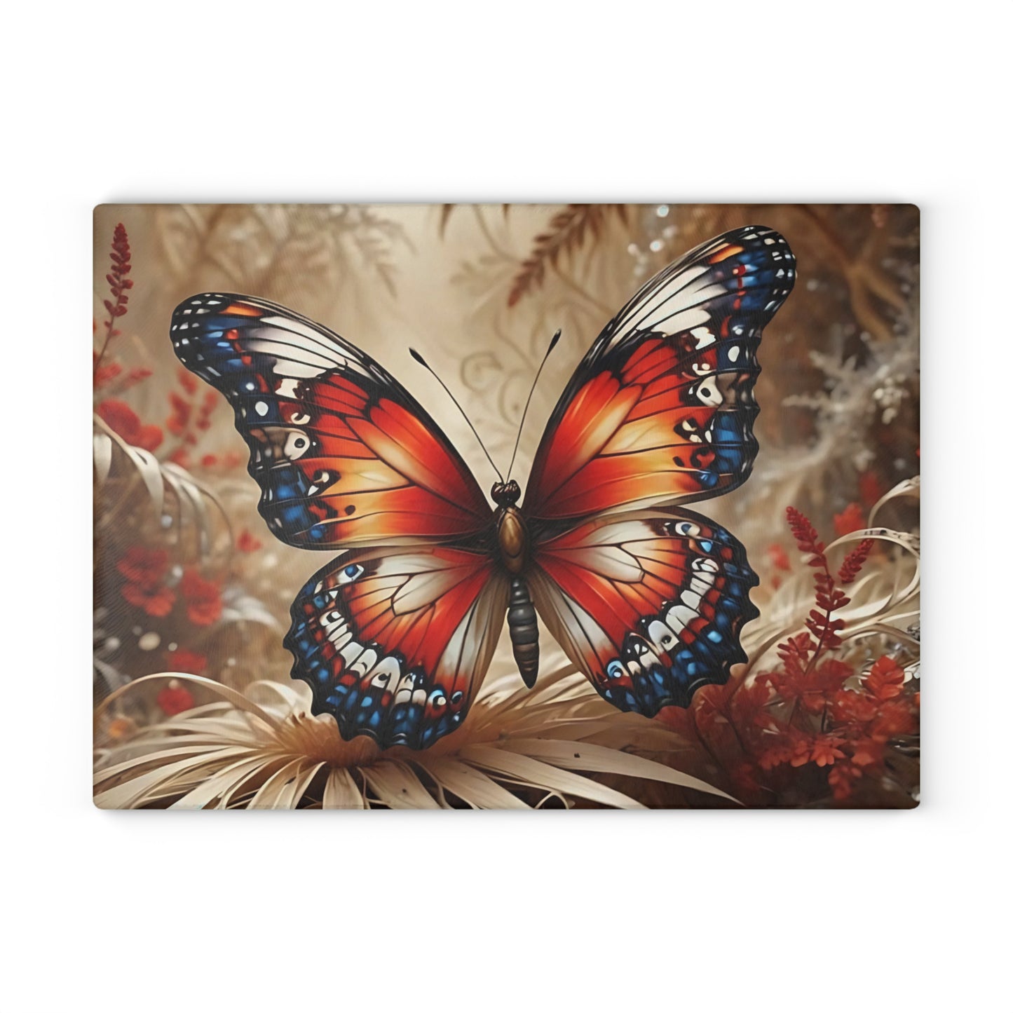 Hermosa tabla de cortar de vidrio con forma de mariposa, decoración de mariposas, tabla de cortar, decoración de cocina, arte de cocina, tabla para servir, regalo de pavo real, regalo de mariposa, tabla de cortar floral