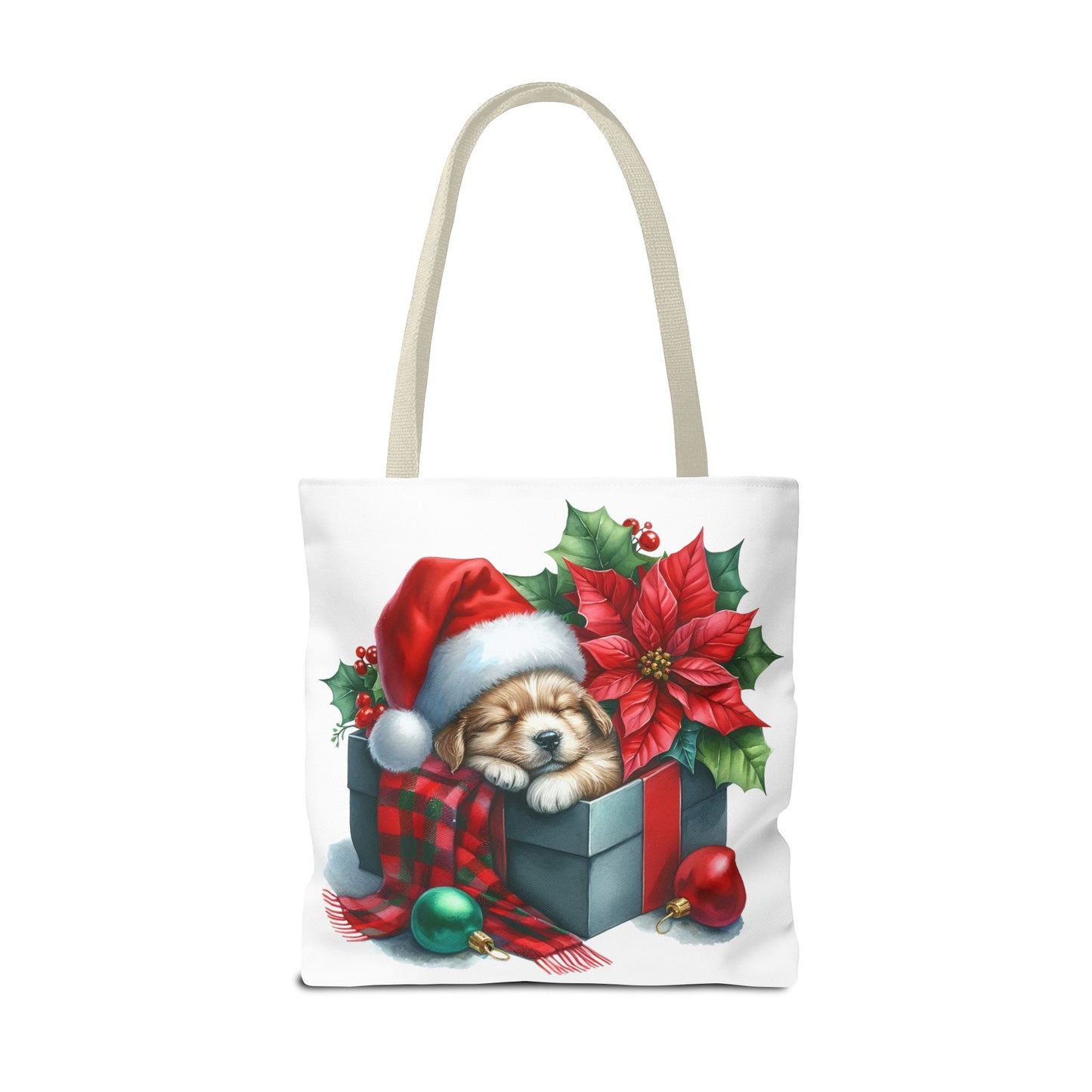 🎁 Sleeping Puppy in Gift Box Christmas Tote – Cozy Holiday Charm for Dog Lovers 🐾