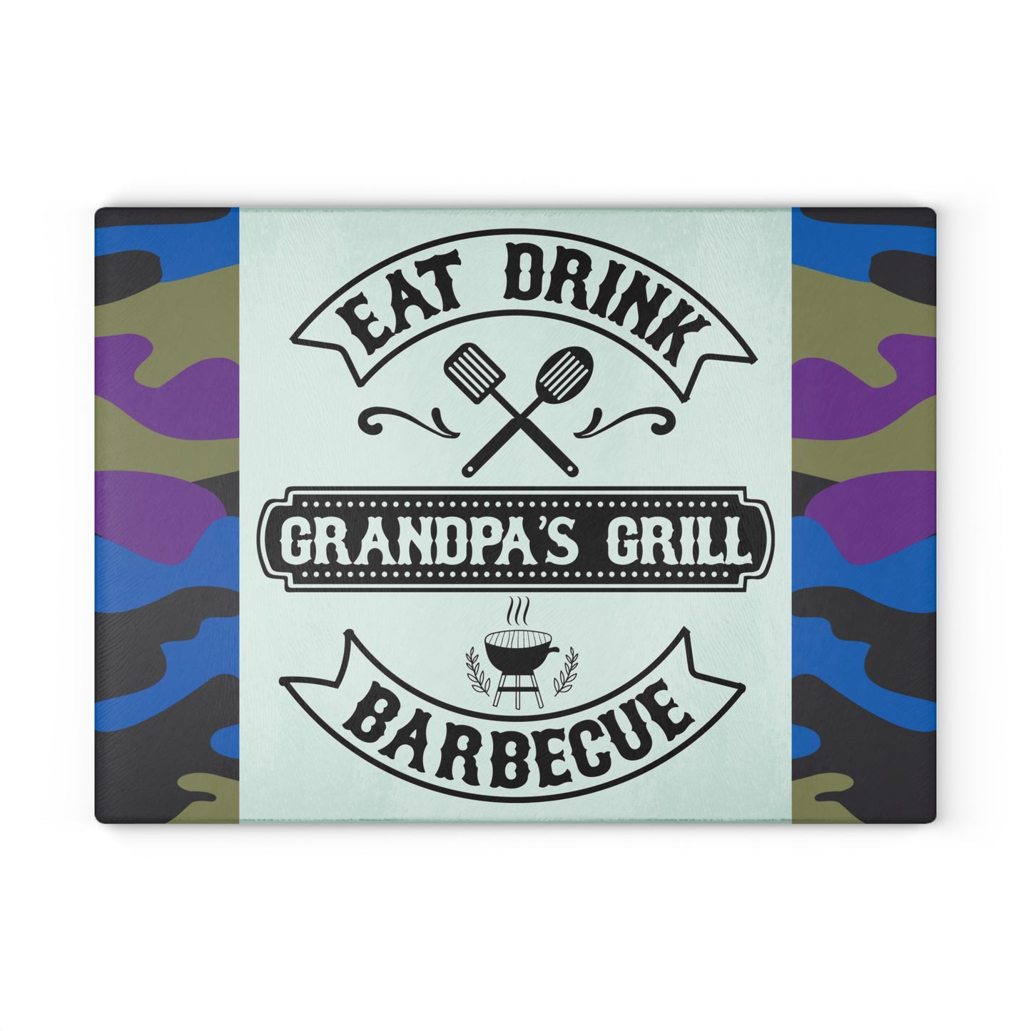 🔥 COMER BEBER BARBACOA A LA PARRILLA DEL ABUELO – Tabla de cortar de vidrio con diseño de camuflaje para los reyes del patio trasero 🧢🍔