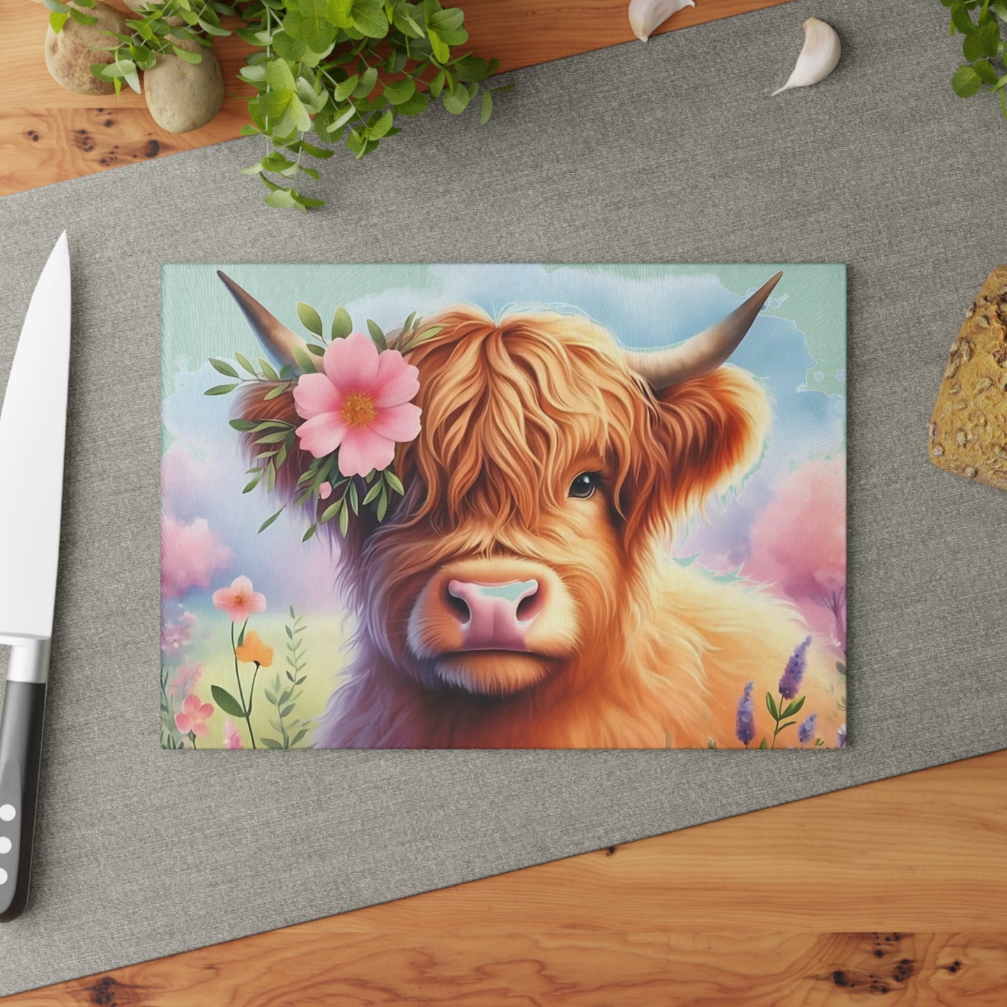 🐮 Highland Cow with Floral Crown – Rustic Farmhouse Glass Cutting Board