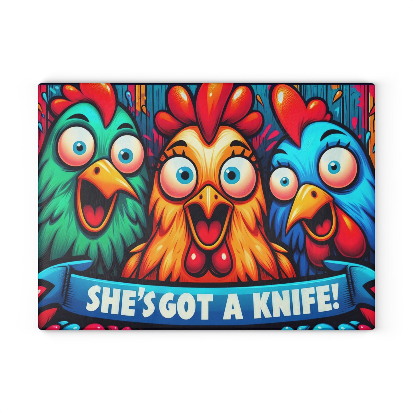 Tabla de cortar de vidrio "¡Tiene un cuchillo!" – Humor de cocina de dibujos animados de pollos 😂🍳