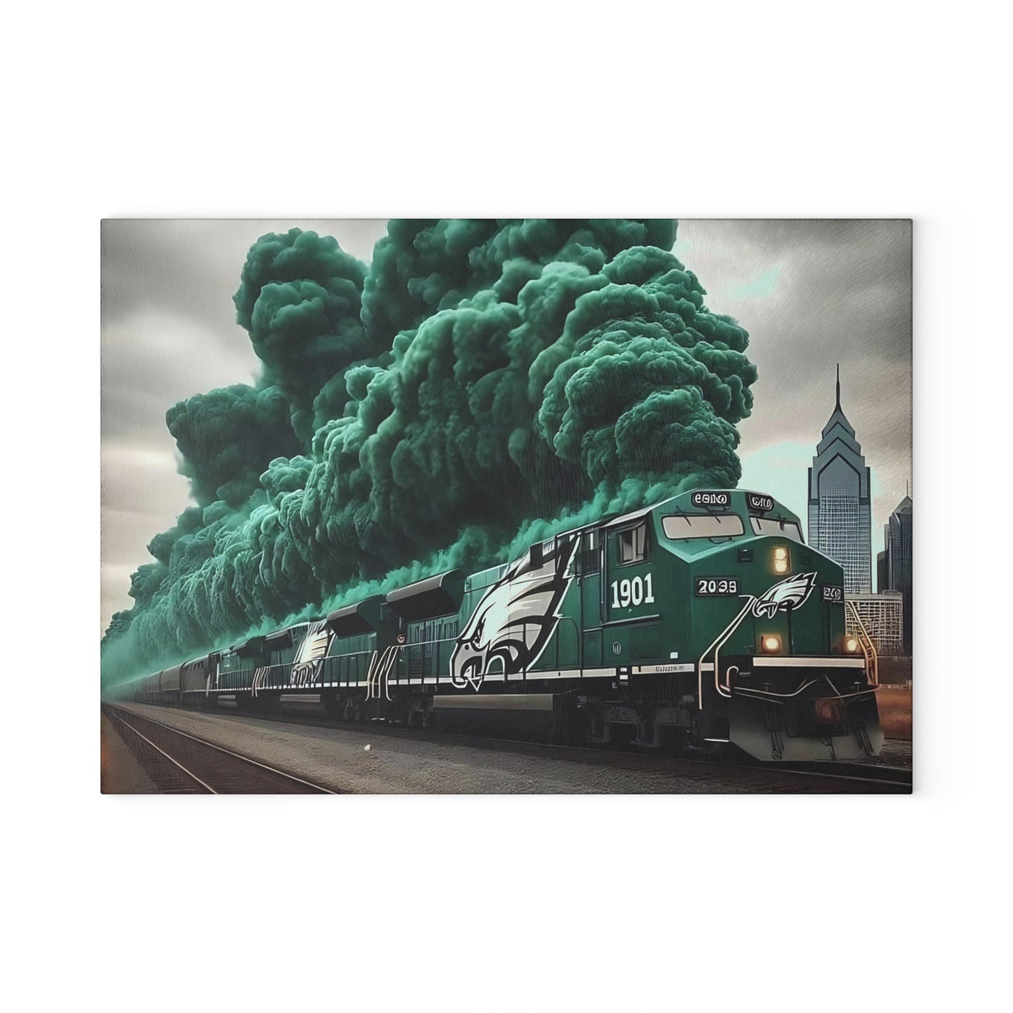 Tabla de cortar de vidrio Express verde oscuro y plateado: arte de tren con un toque atrevido para cocinas atemporales y audaces