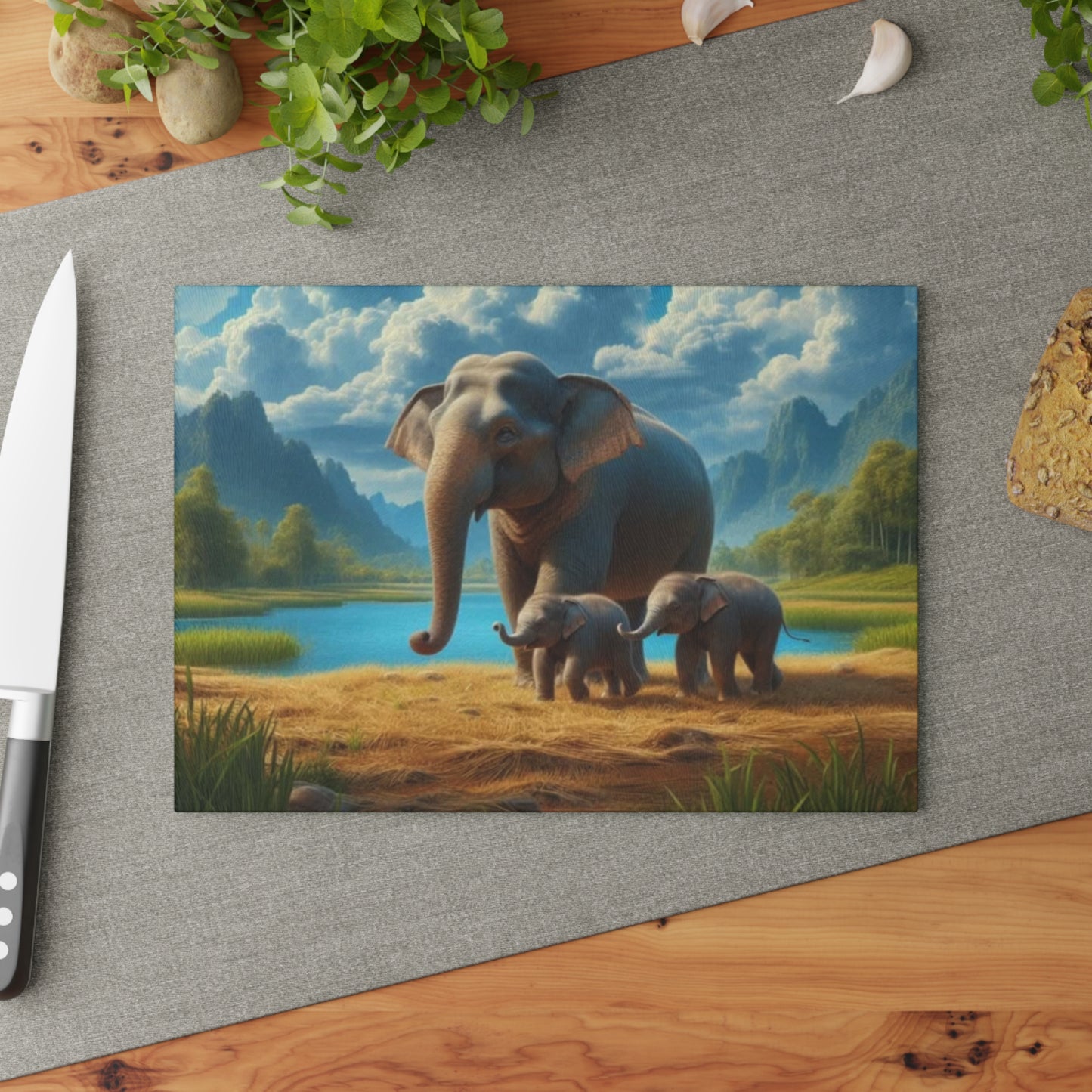 🐘🌿 Elephant Family Glass Cutting Board – Serene Nature Elegance for Your Kitchen 🌊