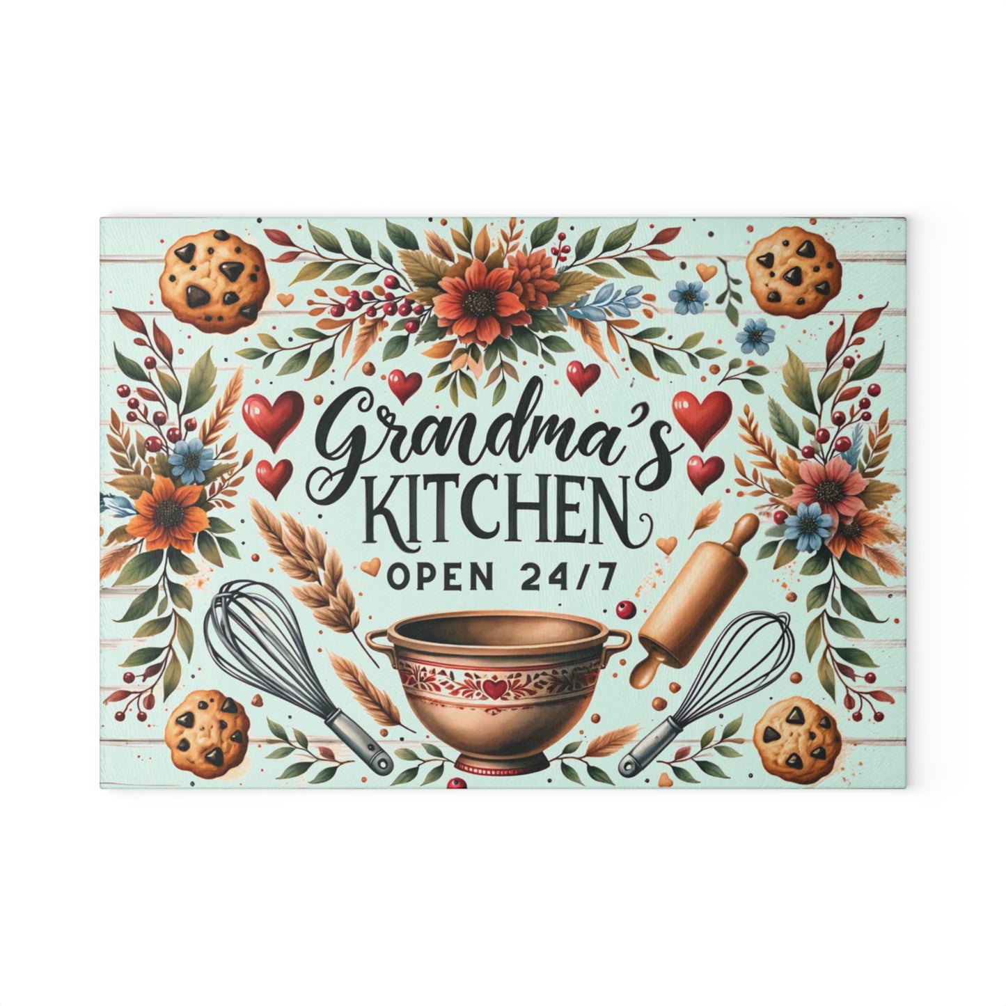 🍪❤️ Grandma’s Kitchen Cutting Board – Whimsical Farmhouse Charm with Cookies & Flowers 🌻🥣