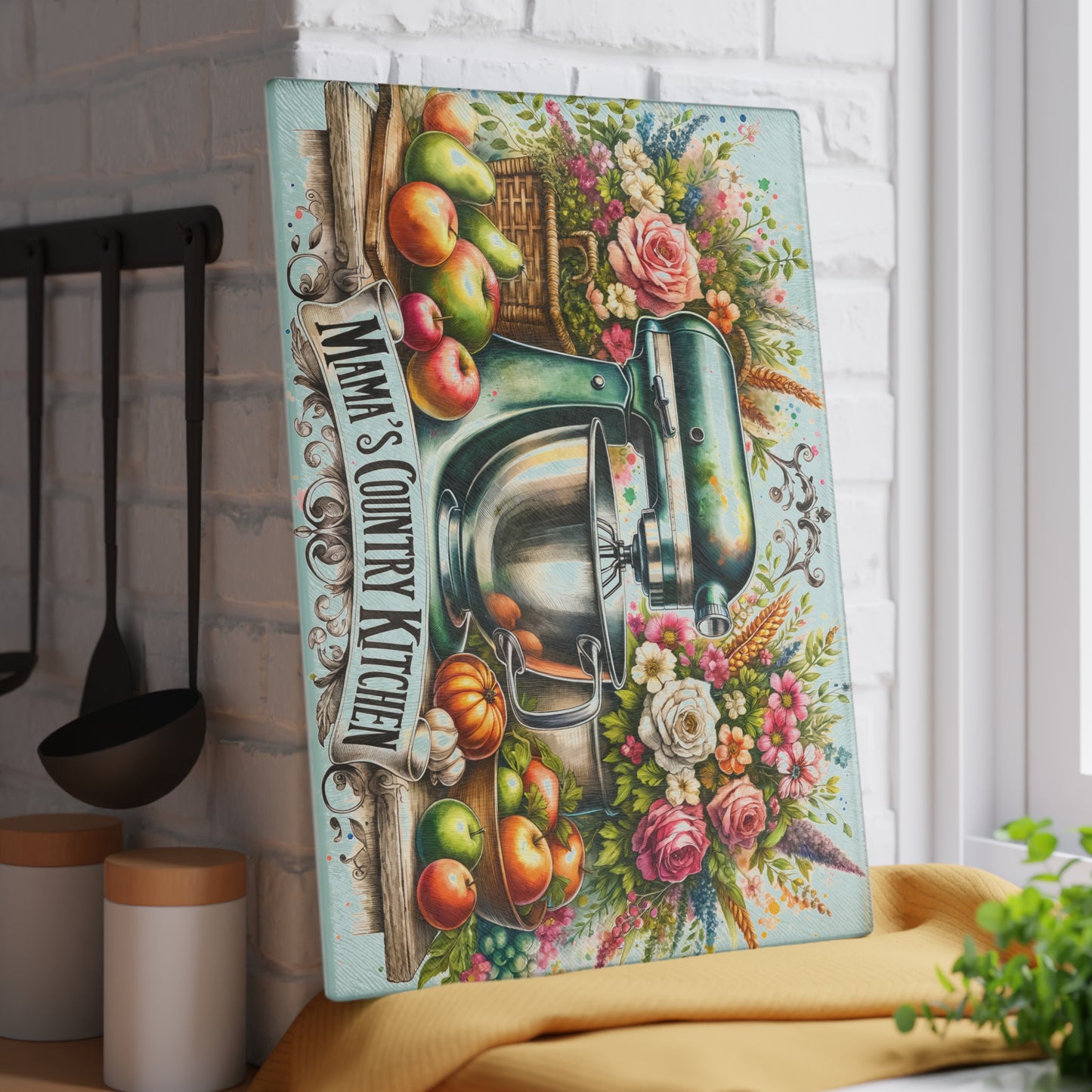 Tabla de cortar de cocina campestre de mamá: dije vintage para batidora con estilo floral campestre