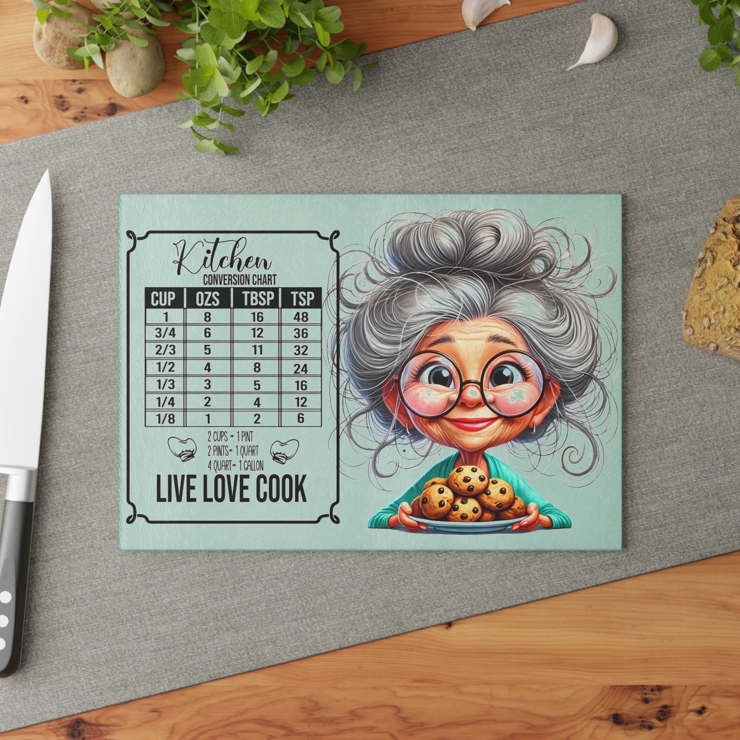 Tabla de cortar para cocina "Vive, ama y cocina": diseño original de abuela y gráfico de galletas