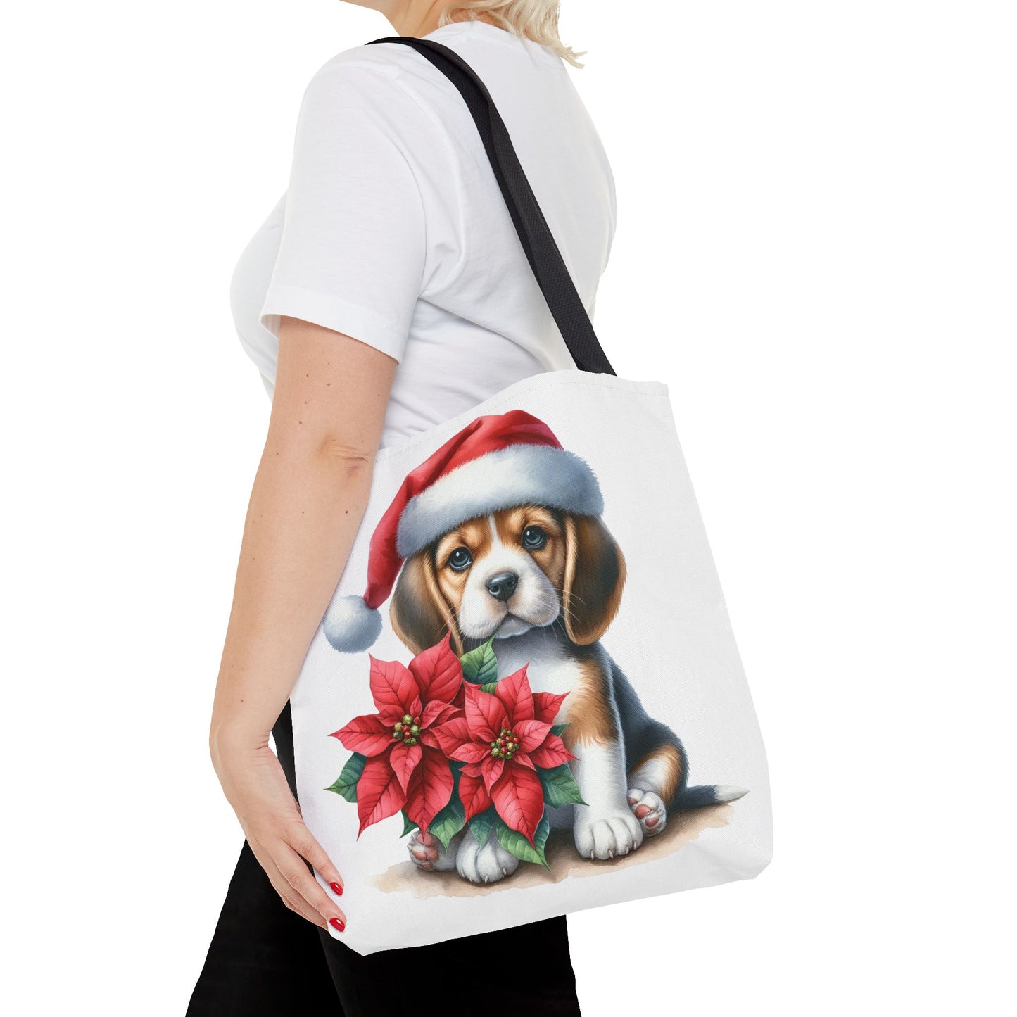🐶 Beagle Puppy & Poinsettia Christmas Tote Bag – Sweet Holiday Charm in Every Step 🎄