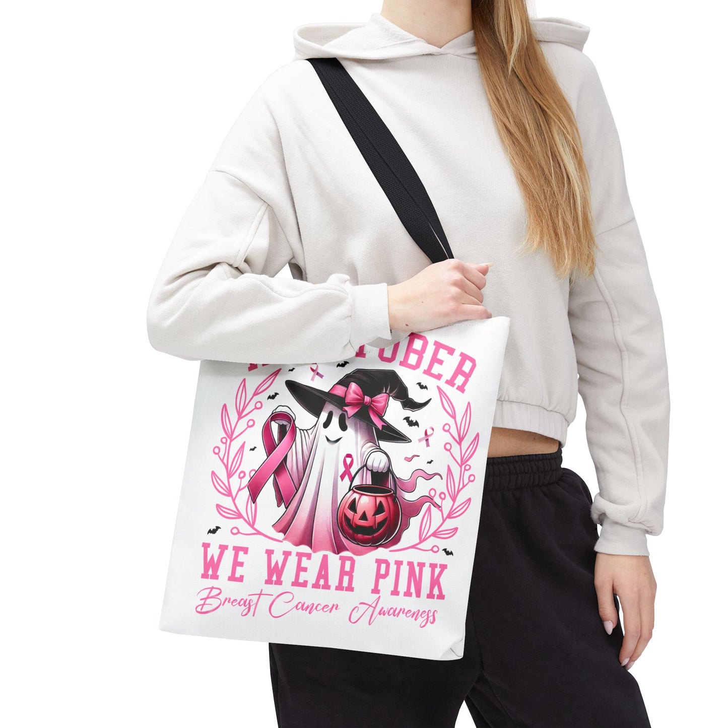 🎀 In October We Wear Pink Tote Bag – Breast Cancer Awareness with Spooky Charm 🎃