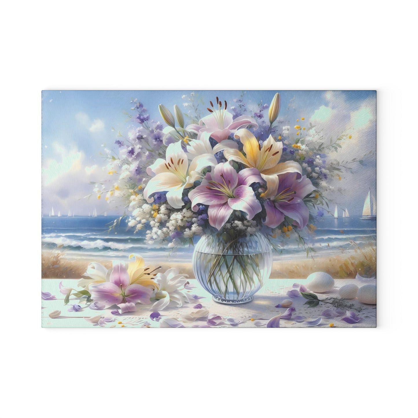 Tabla de cortar con diseño de lirios marinos: decoración floral costera para cocinas elegantes