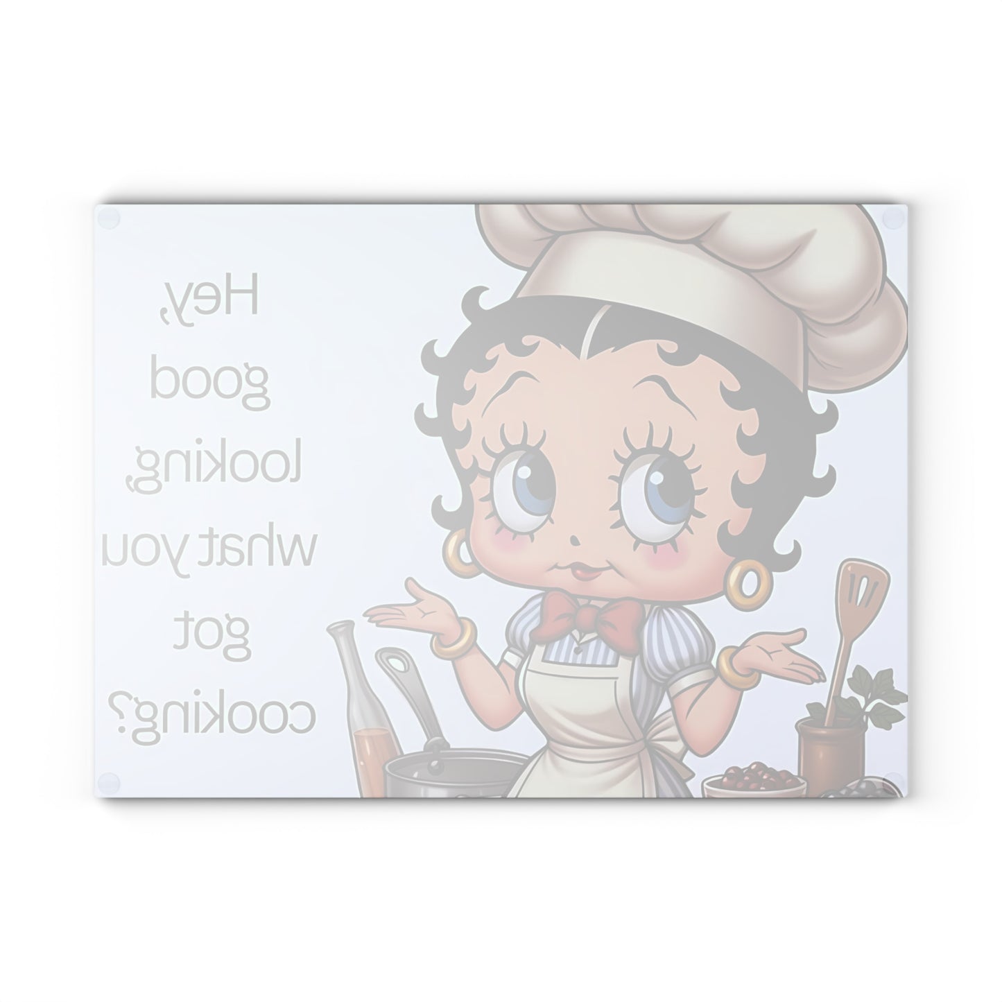 👩🍳 Retro Chef Girl Glass Cutting Board – “Hey Good Looking, What You Got Cooking?”