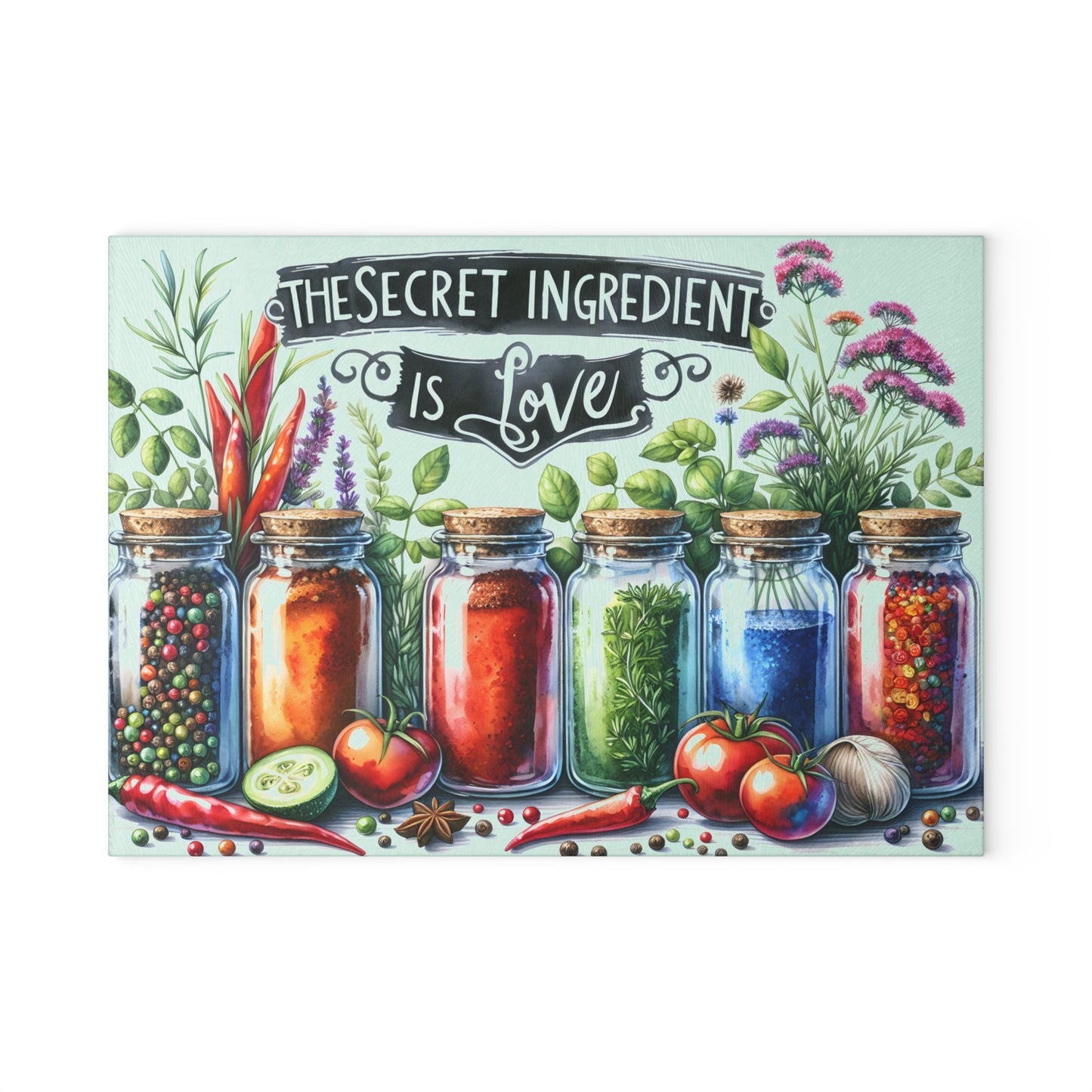 🌿 The Secret Ingredient Is Love Cutting Board – Colorful Herbs & Spices with Farmhouse Charm 🍅💚