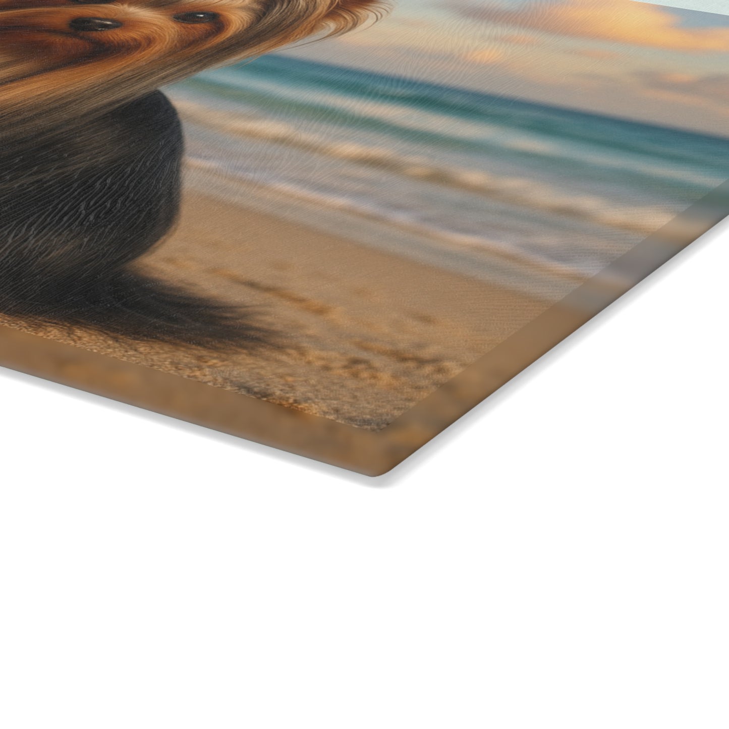 🐾🌊 Yorkie at the Beach Cutting Board – Coastal Glamour for Your Kitchen 🌴