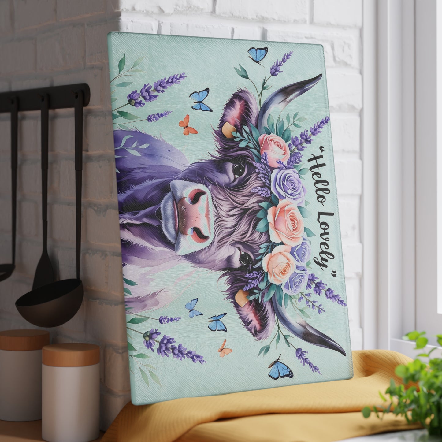 🐮 “Hello Lovely” Highland Cow Cutting Board – Floral Charm Meets Farmhouse Style