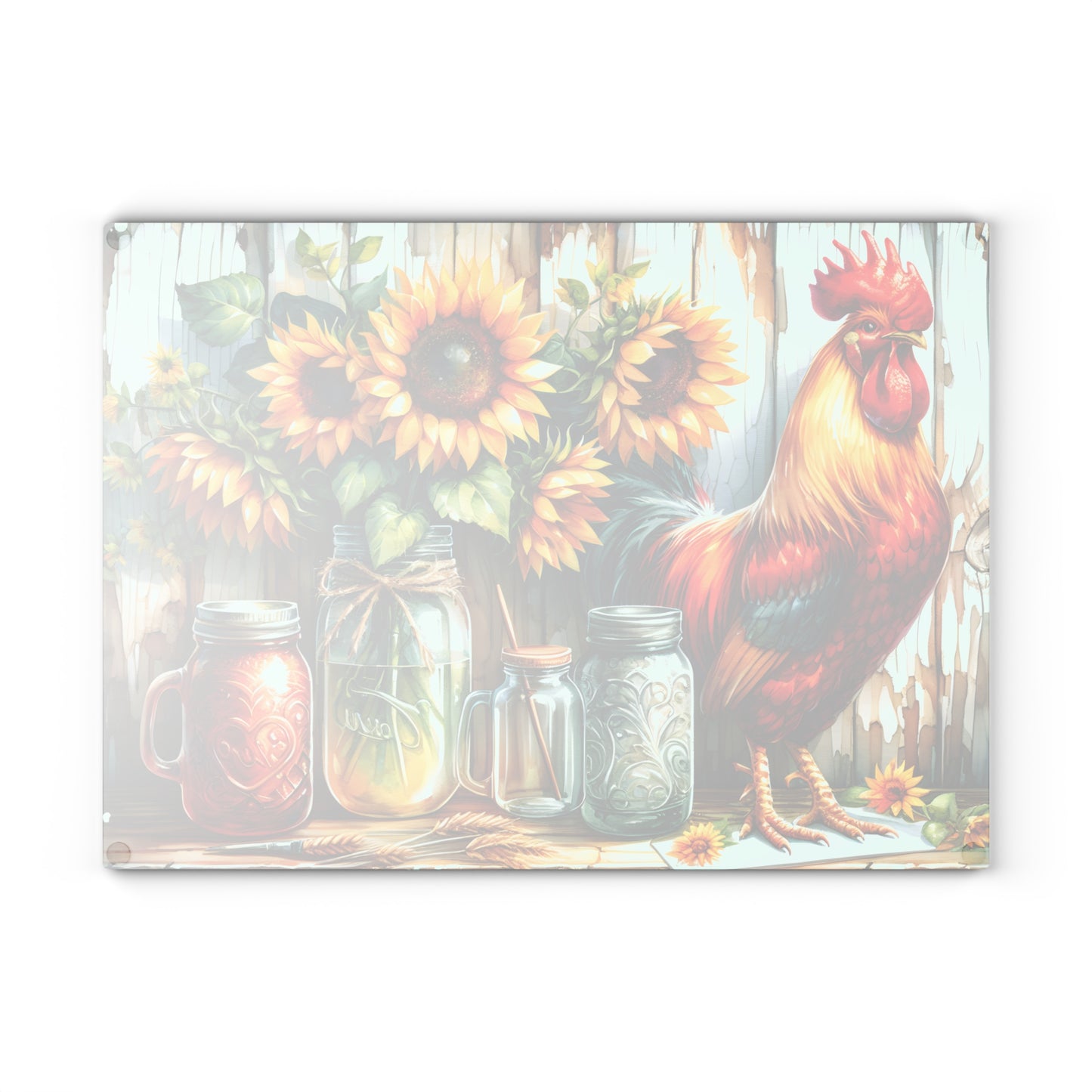 🐓 Rustic Rooster & Sunflowers Cutting Board – Farmhouse Mason Jar Kitchen Art