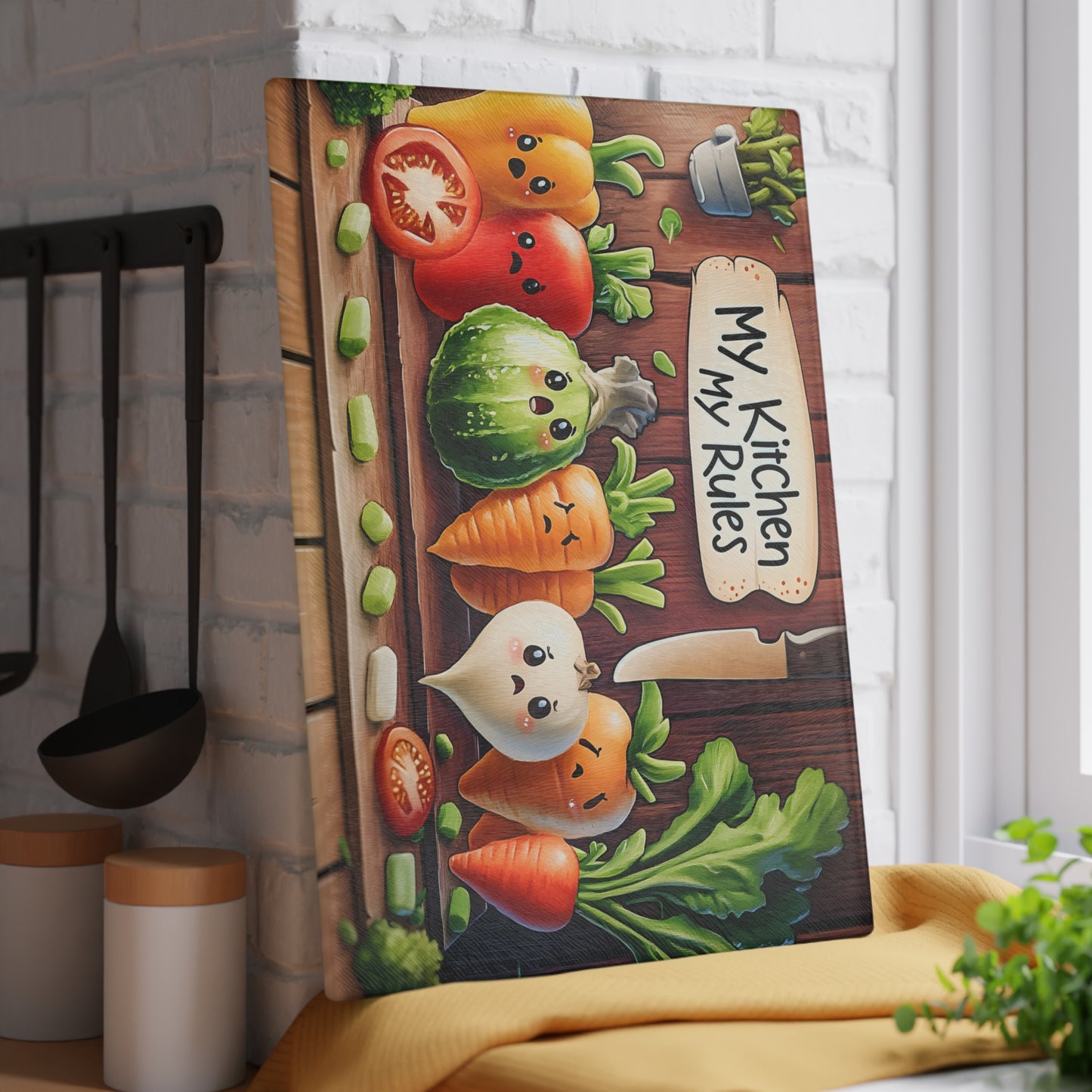 Tabla de cortar de vidrio “Mi cocina, mis reglas” – Verduras asustadas y humor de cocina atrevido