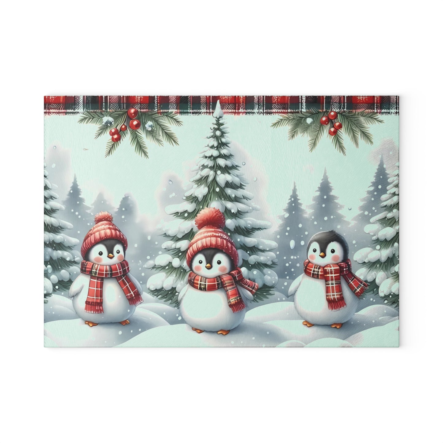 🐧🎄 Winter Penguin Wonderland Cutting Board – Festive Holiday Kitchen Décor with Plaid Accents ❄️✨