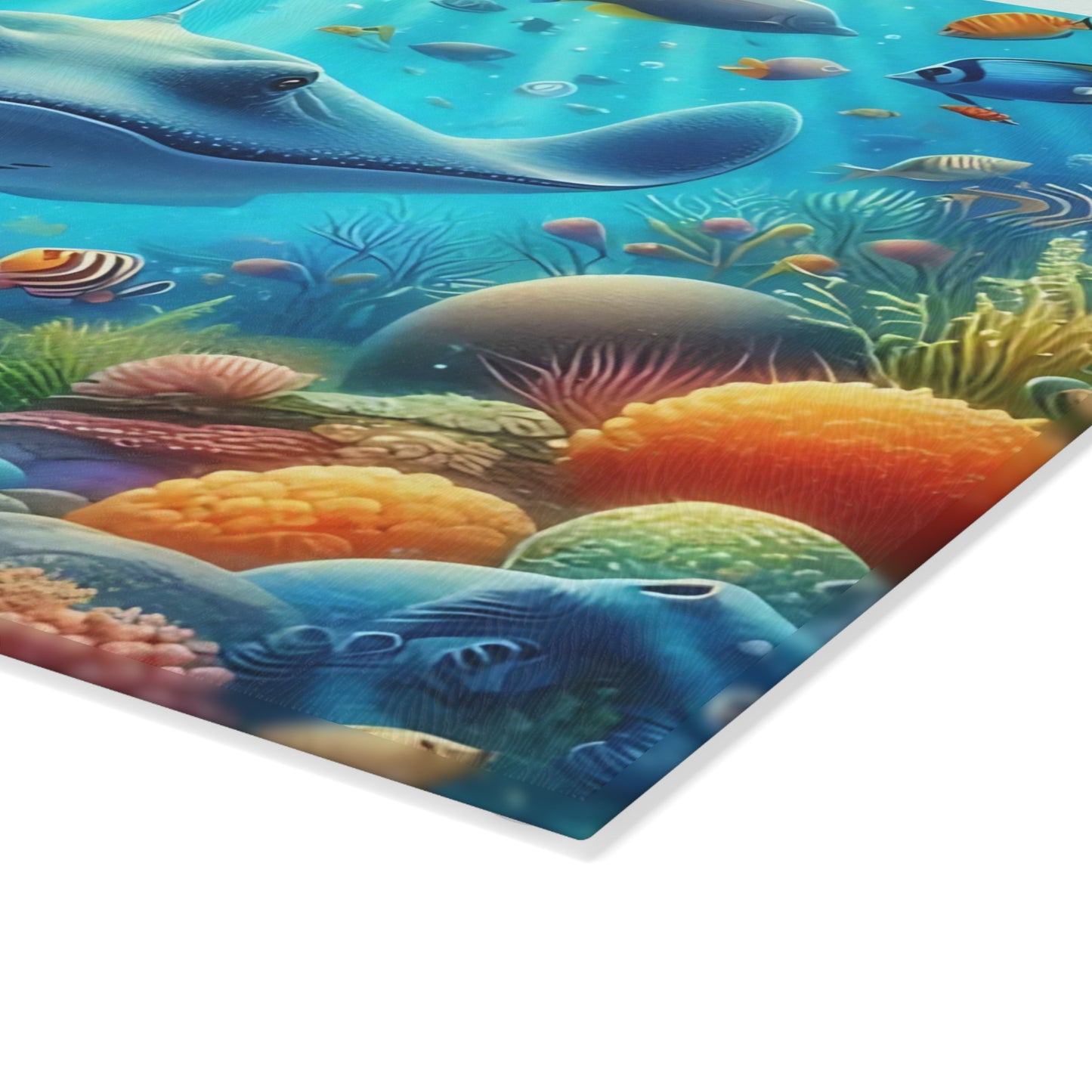 Tabla de cortar de vidrio con diseño de raya y arrecife de coral: decoración de cocina con vida marina y peces de agua salada