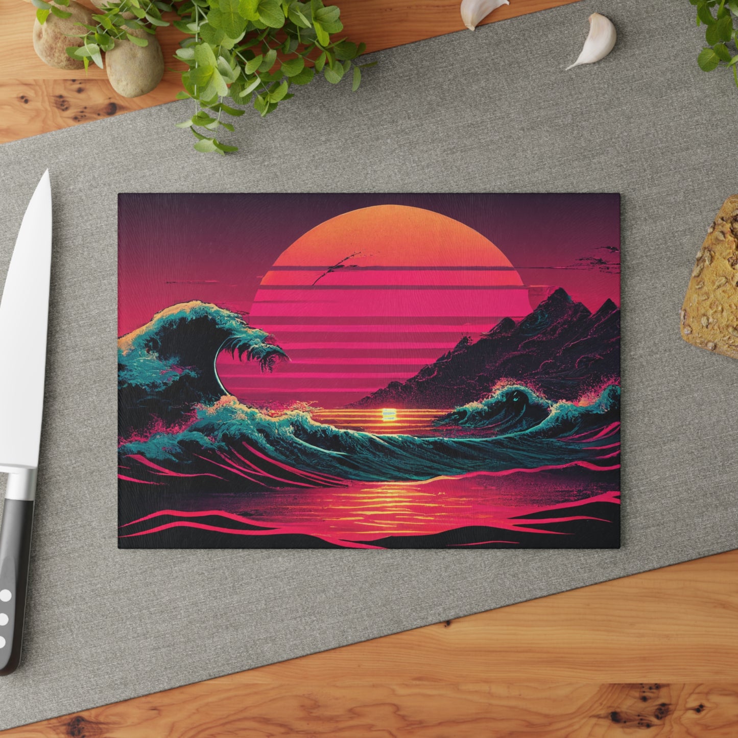 Tabla de cortar de vidrio con diseño de playa y palmeras – Decoración de cocina costera