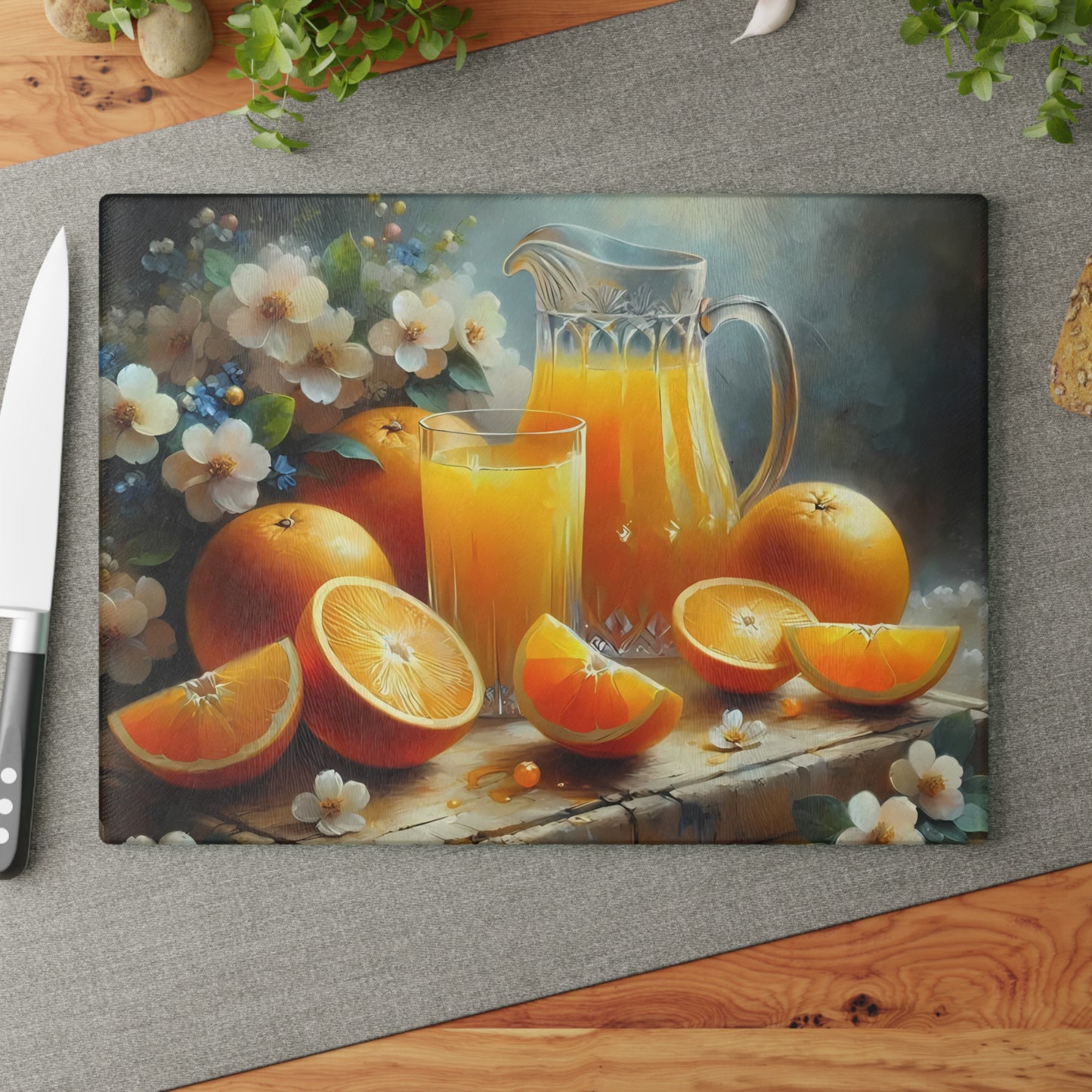 Tabla de cortar de vidrio templado para zumo de naranja recién exprimido: decoración cítrica para la cocina, bandeja para servir naranjas, regalo para el desayuno de verano