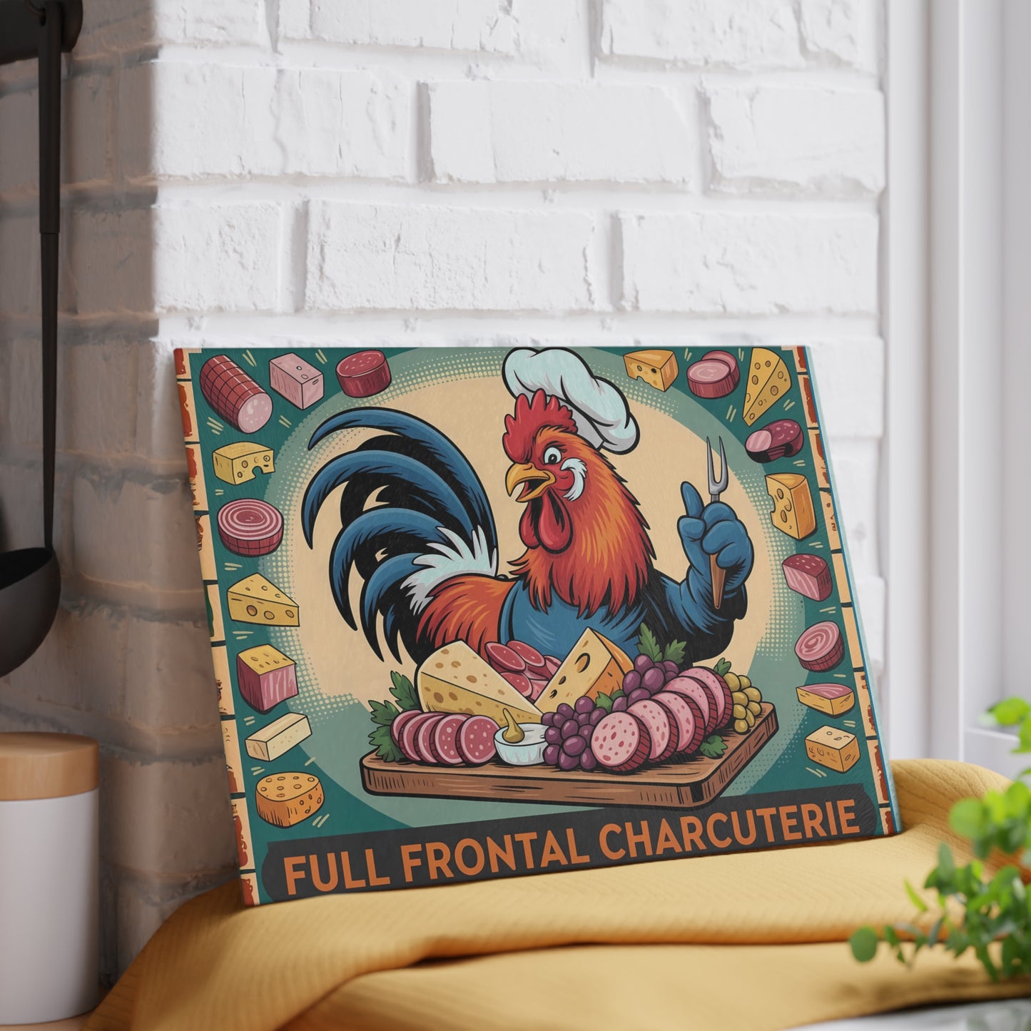 Tabla de cortar charcutería frontal completa: un divertido regalo de cocina con forma de gallo, queso y carne