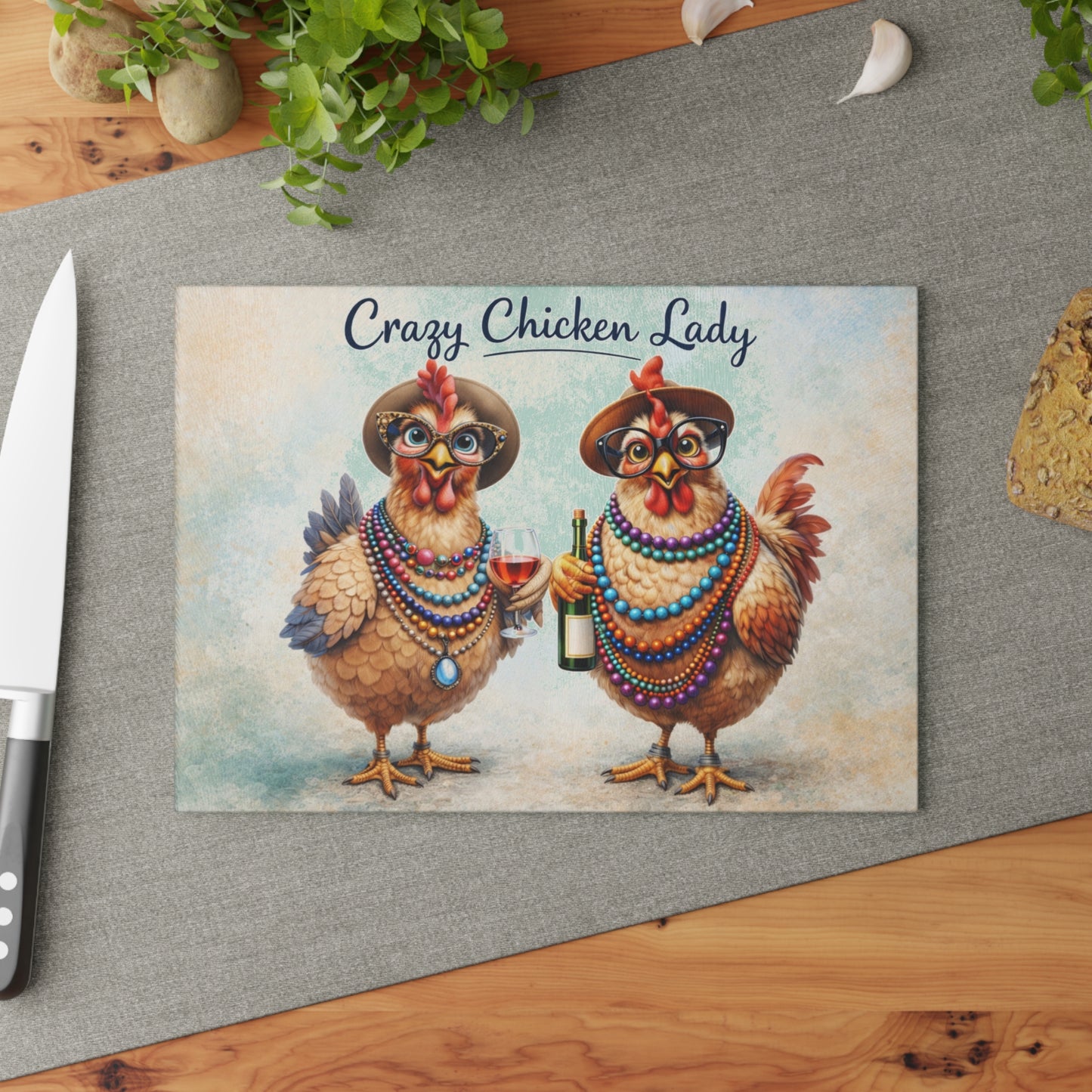 Crazy Chicken Lady Glass Cutting Board – Funny Chicken Farmhouse Kitchen Artwork