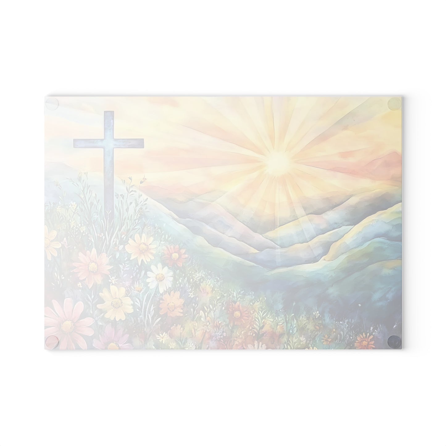 🌄🌸 Sunrise Mountain Cross Cutting Board – Peaceful Faith Kitchen Décor with Florals & Radiant Light ✝️✨