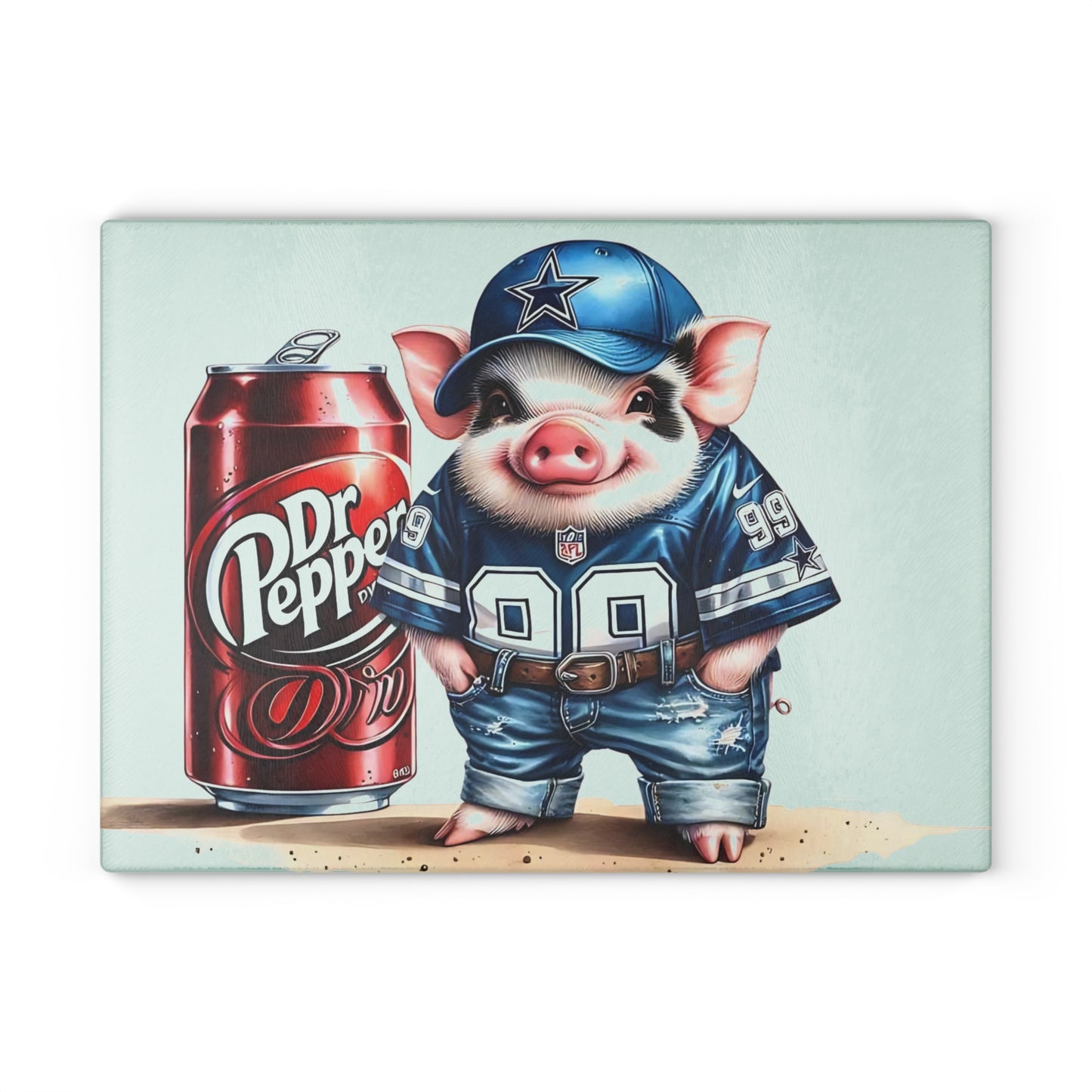 Tabla de cortar de vidrio con diseño de cerdo Jersey azul y blanco: divertida tabla de charcutería con estilo sureño
