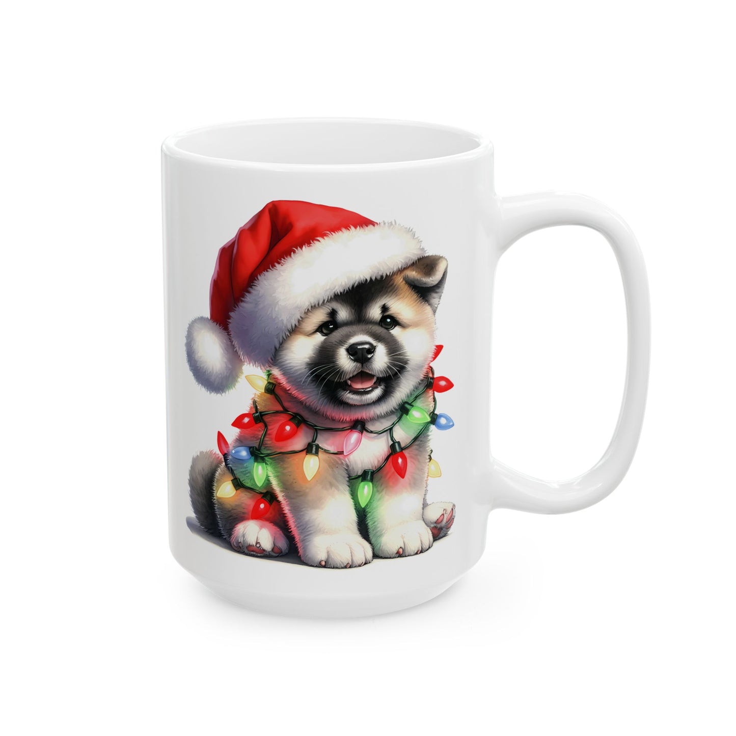 🎅 Akita Christmas Mug – Festive Puppy with Santa Hat & Holiday Lights 🎄