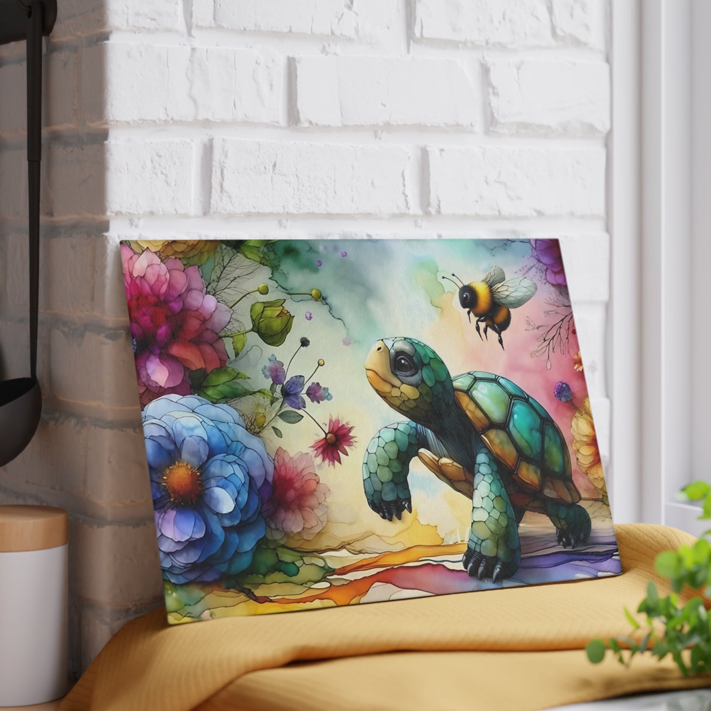 Tortoise & Bee Glass Cutting Board – Floral Wildlife Kitchen Decor