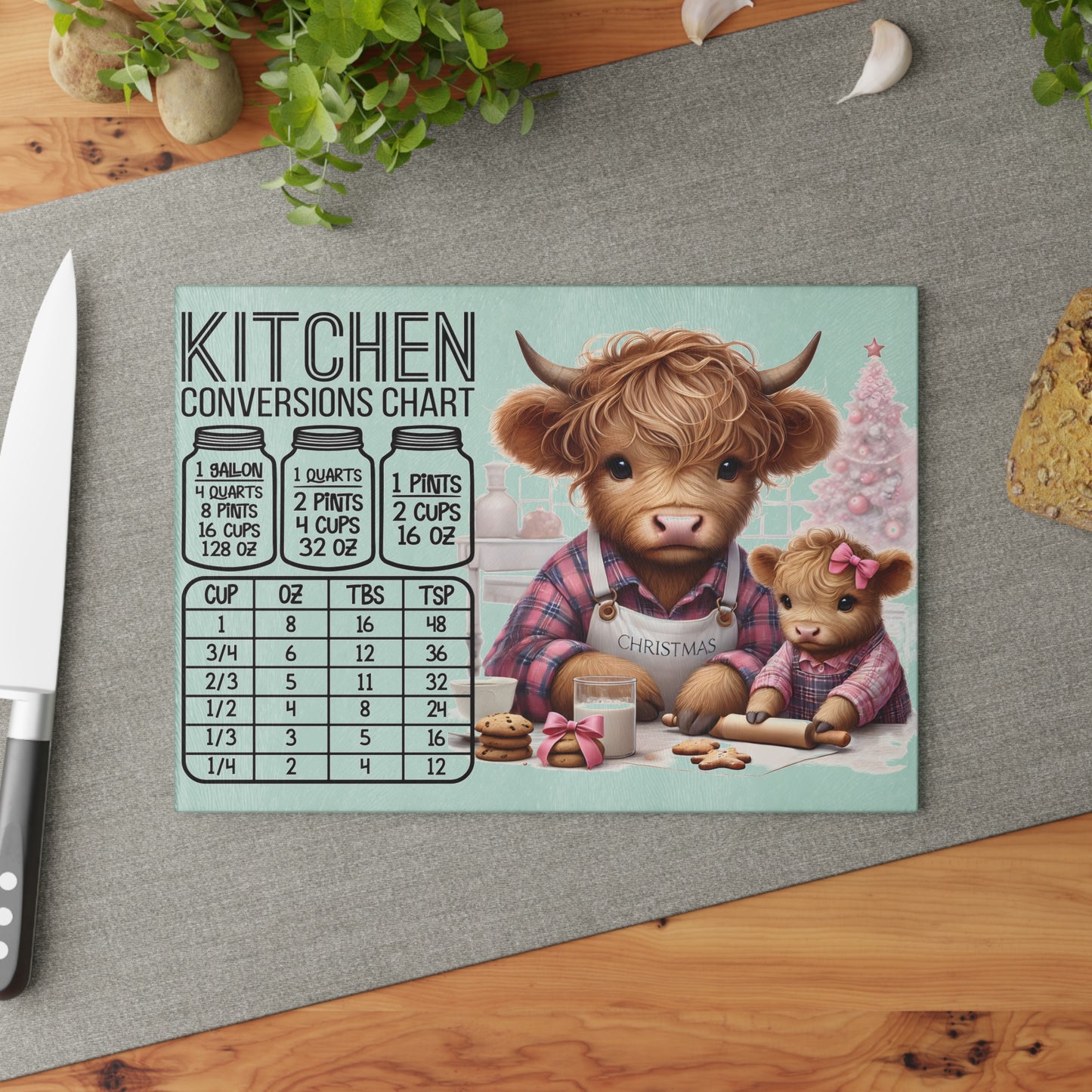 🎄 Highland Cow Christmas Kitchen Conversions Cutting Board – Festive Baking Fun with Farmhouse Charm