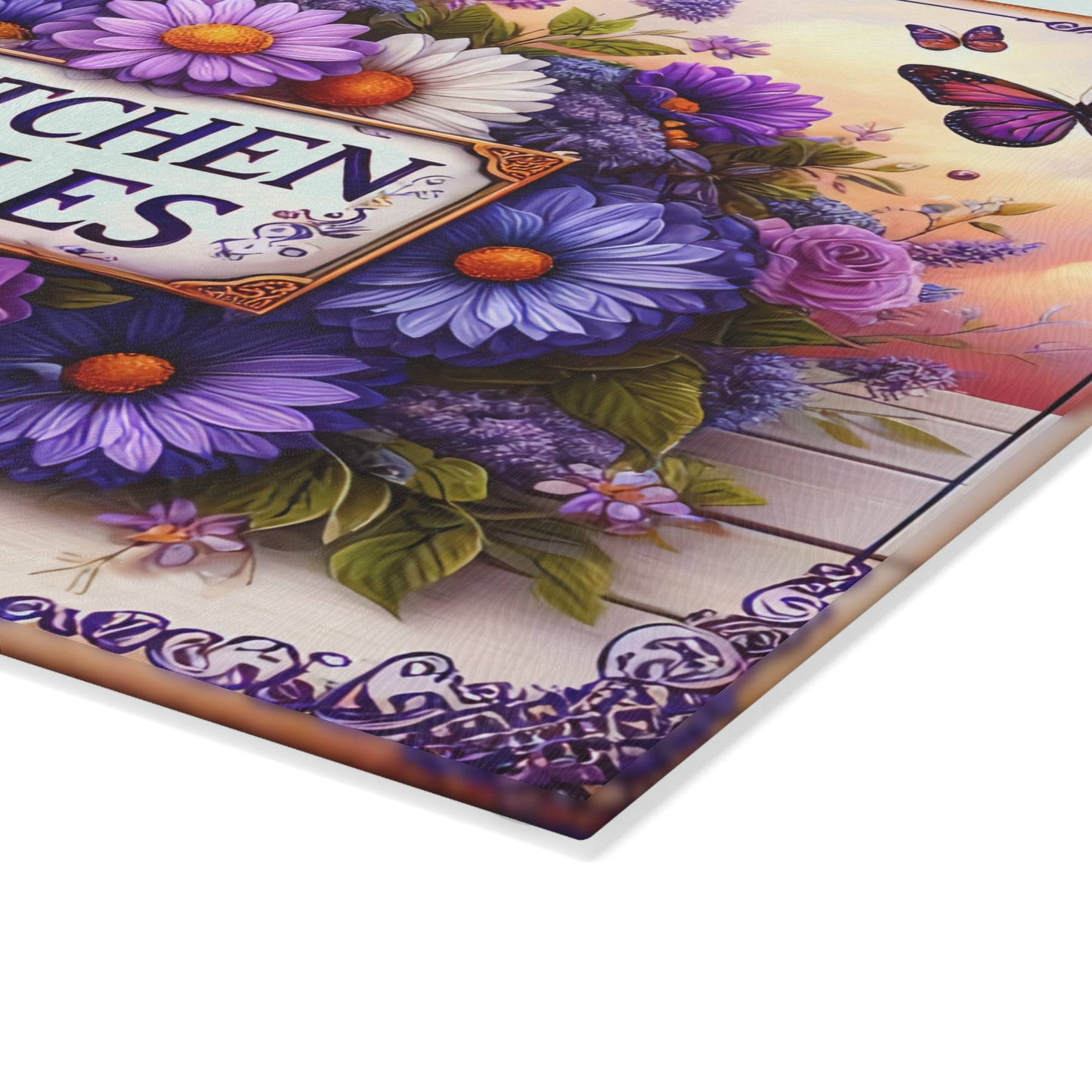 🦋 My Kitchen My Rules Cutting Board – Bold Floral Charm with Attitude