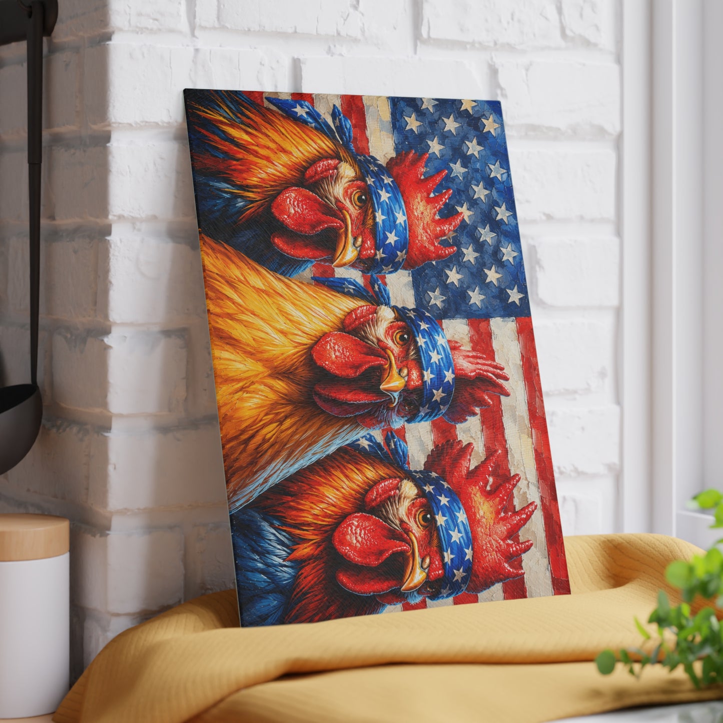 Patriotic Rooster Bandana Glass Cutting Board – Bold Farmhouse Americana Kitchen Décor