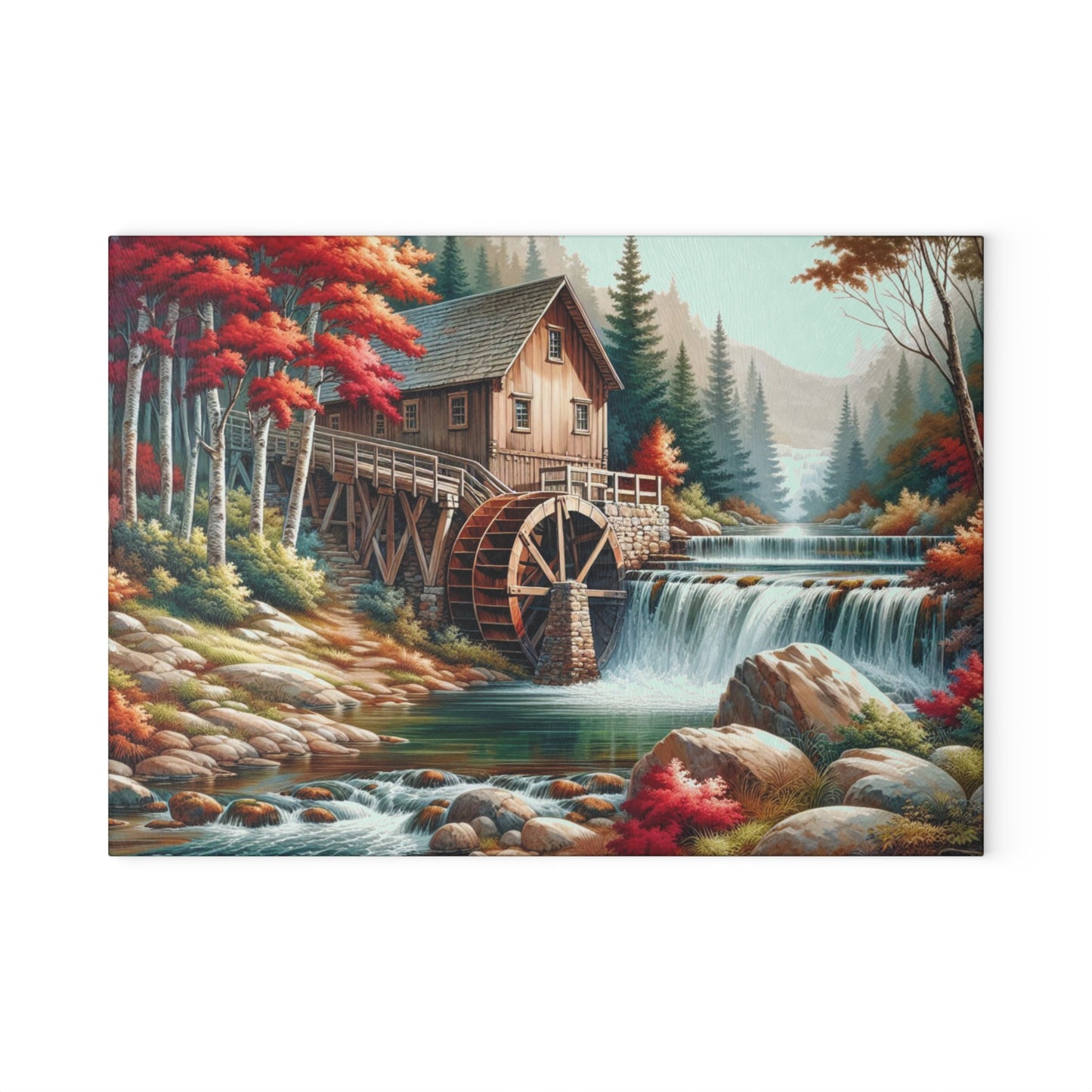 🍁 Autumn Watermill Cutting Board – Rustic Charm Meets Tranquil Fall Beauty