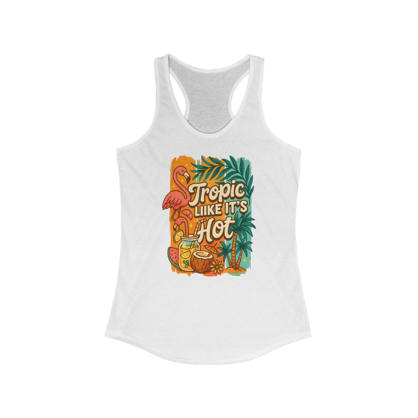 Camiseta de tirantes estilo tropical con espalda nadadora: palmeras, bebidas tropicales y flamencos | Solo en blanco
