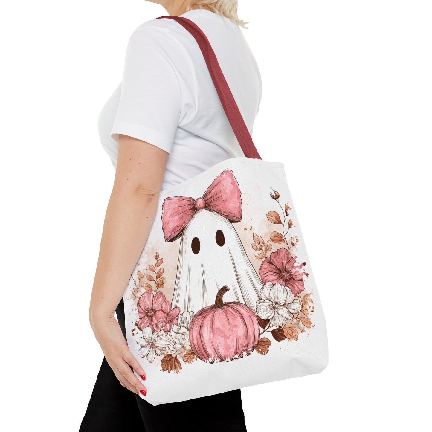 ๐ป Pink Bow Ghost Floral Halloween Tote Bag โ Spooky Cute with Fall Charm ๐๐