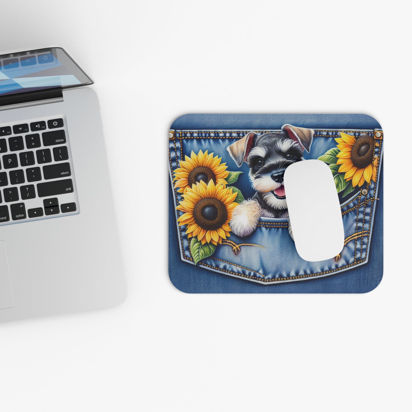 🖱️🐾🌻 Schnauzer Mouse Pad – Denim Pocket Pup with Sunflowers