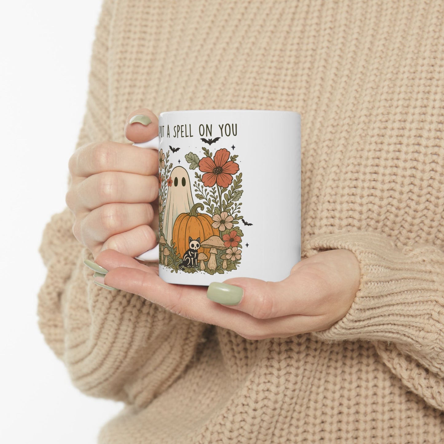 🎃 "I Put a Spell on You" Halloween Mug – Ghostly Charm with Autumn Blooms 👻🍄