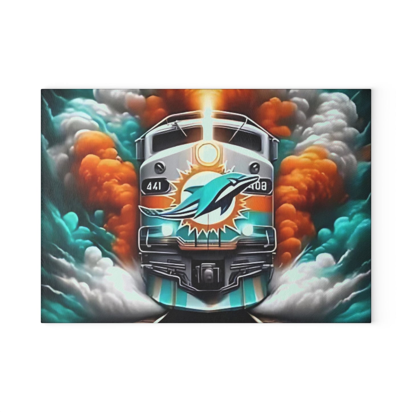 Tabla de cortar de vidrio Express en verde azulado y naranja: diseño de tren tropical para cocinas vibrantes