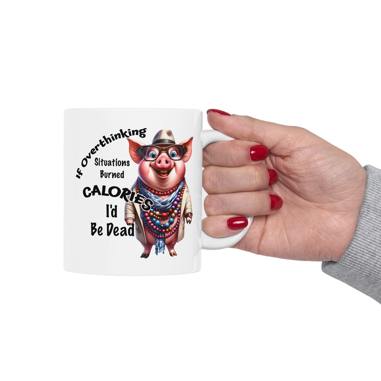 🐷 No cuento calorías – Taza de café con cerdito gracioso y cuentas 💎
