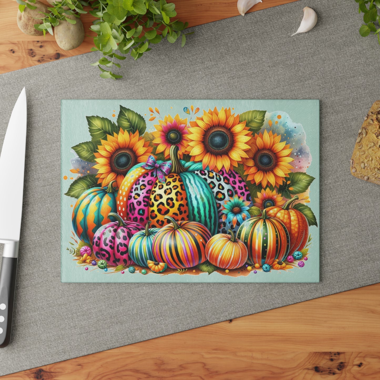 🎃 Rainbow Pumpkins & Sunflowers Cutting Board – Bright Fall Whimsy with a Wild Twist
