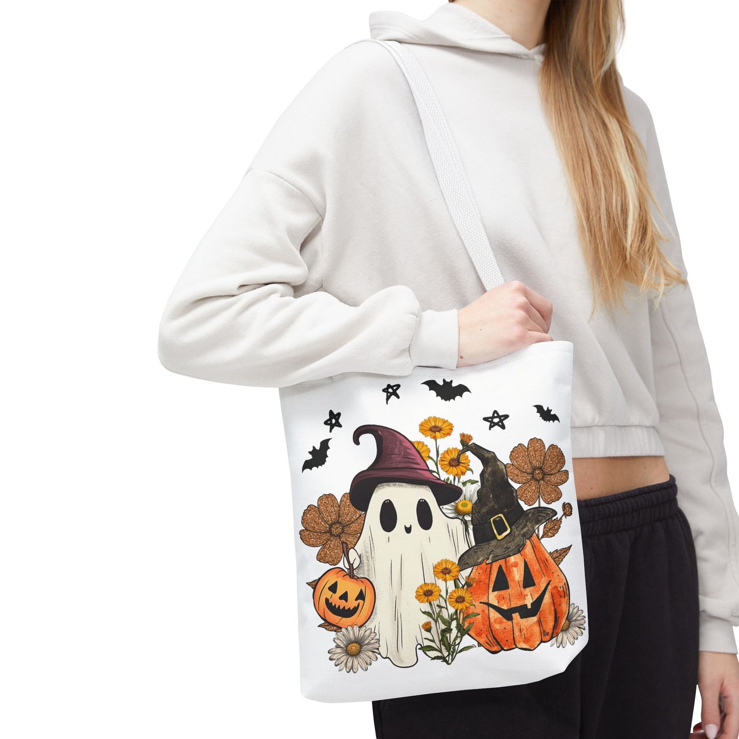 🎃 Ghost & Pumpkin Floral Tote Bag – Whimsical Halloween Charm 👻👜