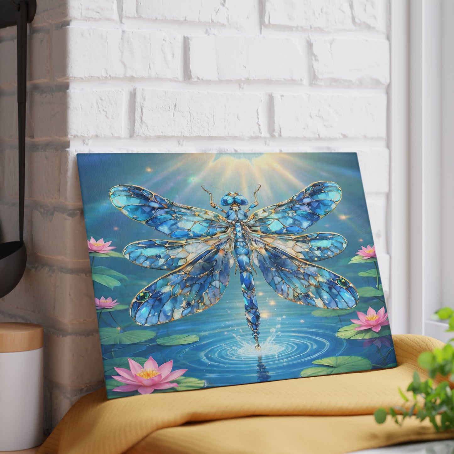 Radiant Dragonfly Glass Cutting Board – Tranquil Pond Art Kitchen Decor