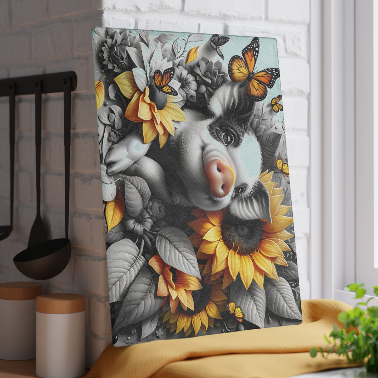 🐷 Sunflower Piglet with Butterflies Cutting Board – Farmhouse Kitchen Décor