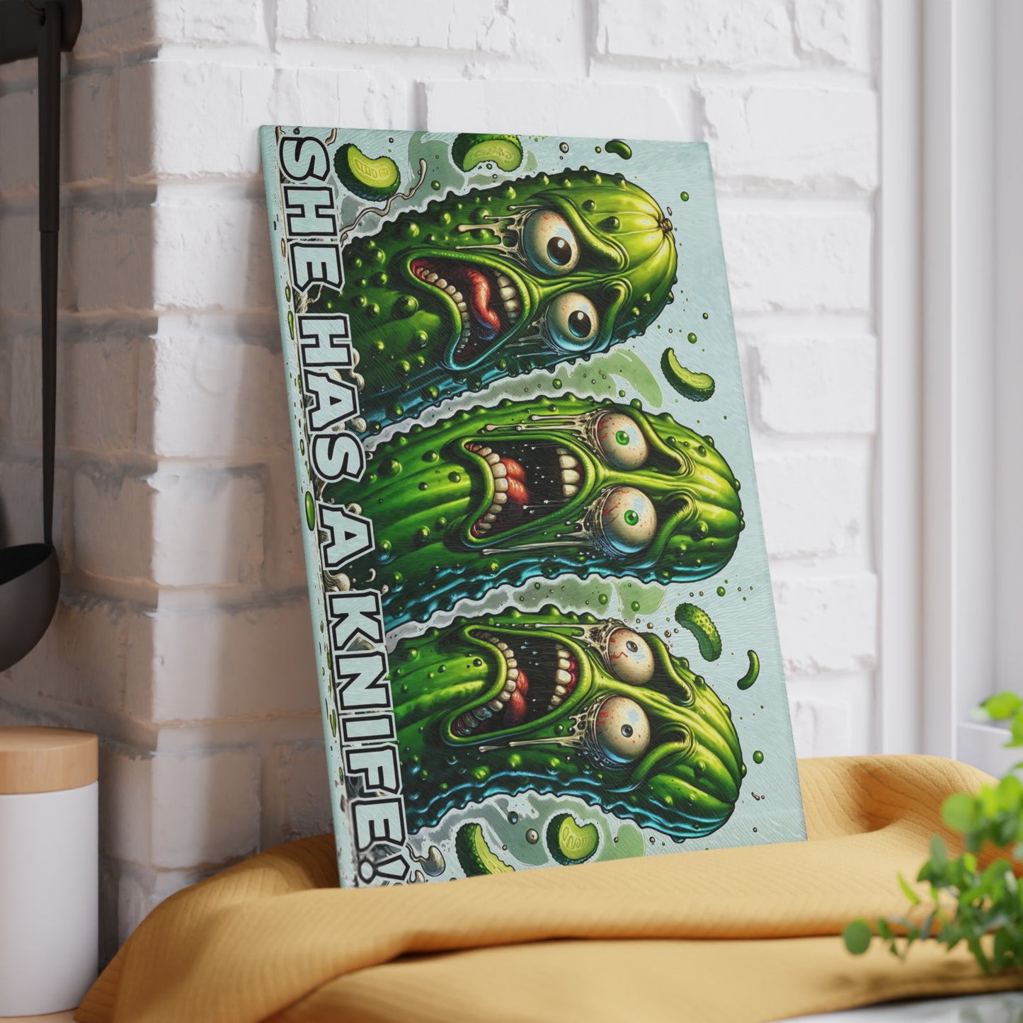 She Has a Knife! Glass Cutting Board – Pickle Panic Funny Kitchen Decor