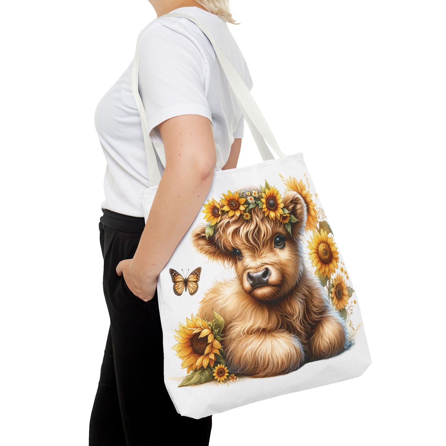 🌻 Sunflower Crown Highland Calf Tote Bag – Country Charm & Butterfly Bliss 🐮👜