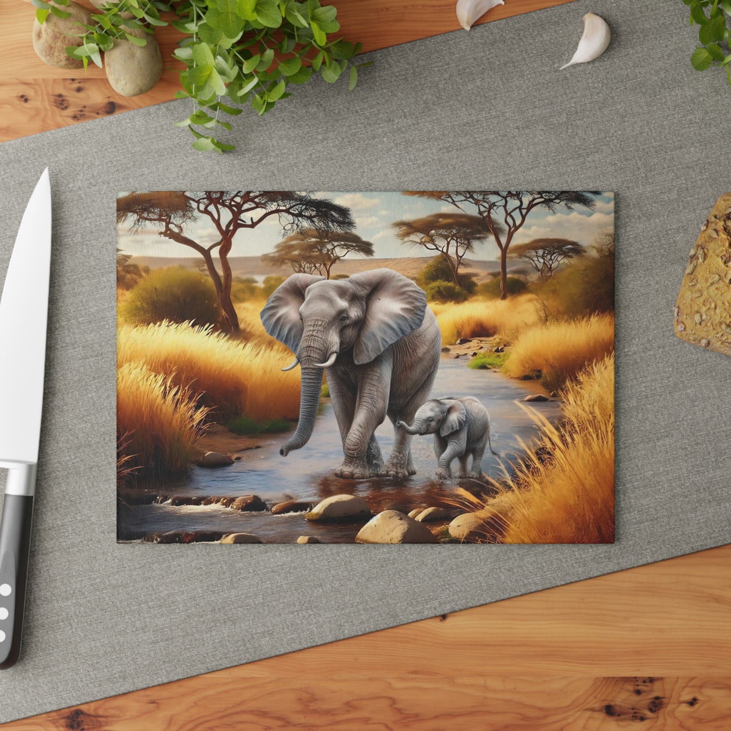 Mama Elephant and baby tempered glass cutting board