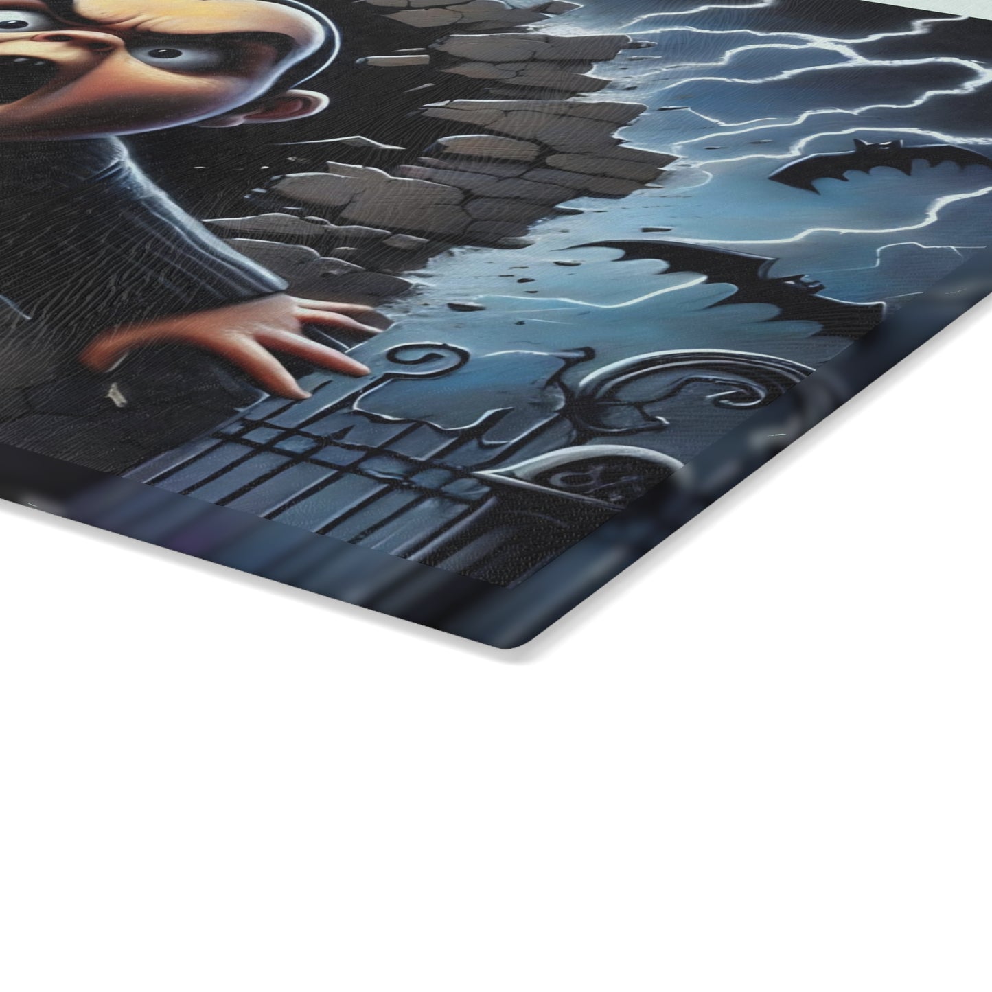 🦇 Screaming Darkling Cutting Board – Gothic Cartoon Chaos with Bats, Lightning & Broken Walls ⚡🍽️