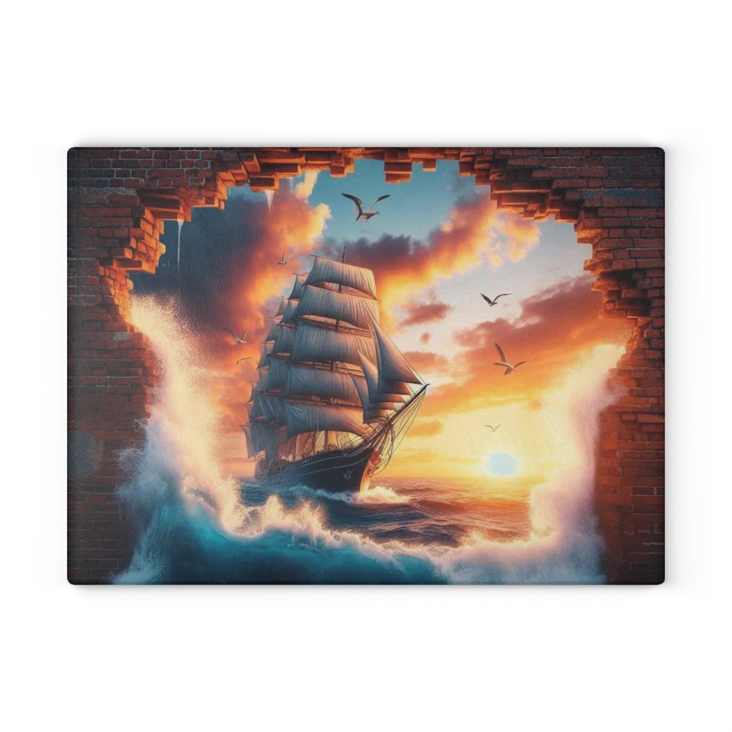Tabla de cortar de vidrio templado de un majestuoso velero que atraviesa una pared de ladrillos desmoronada