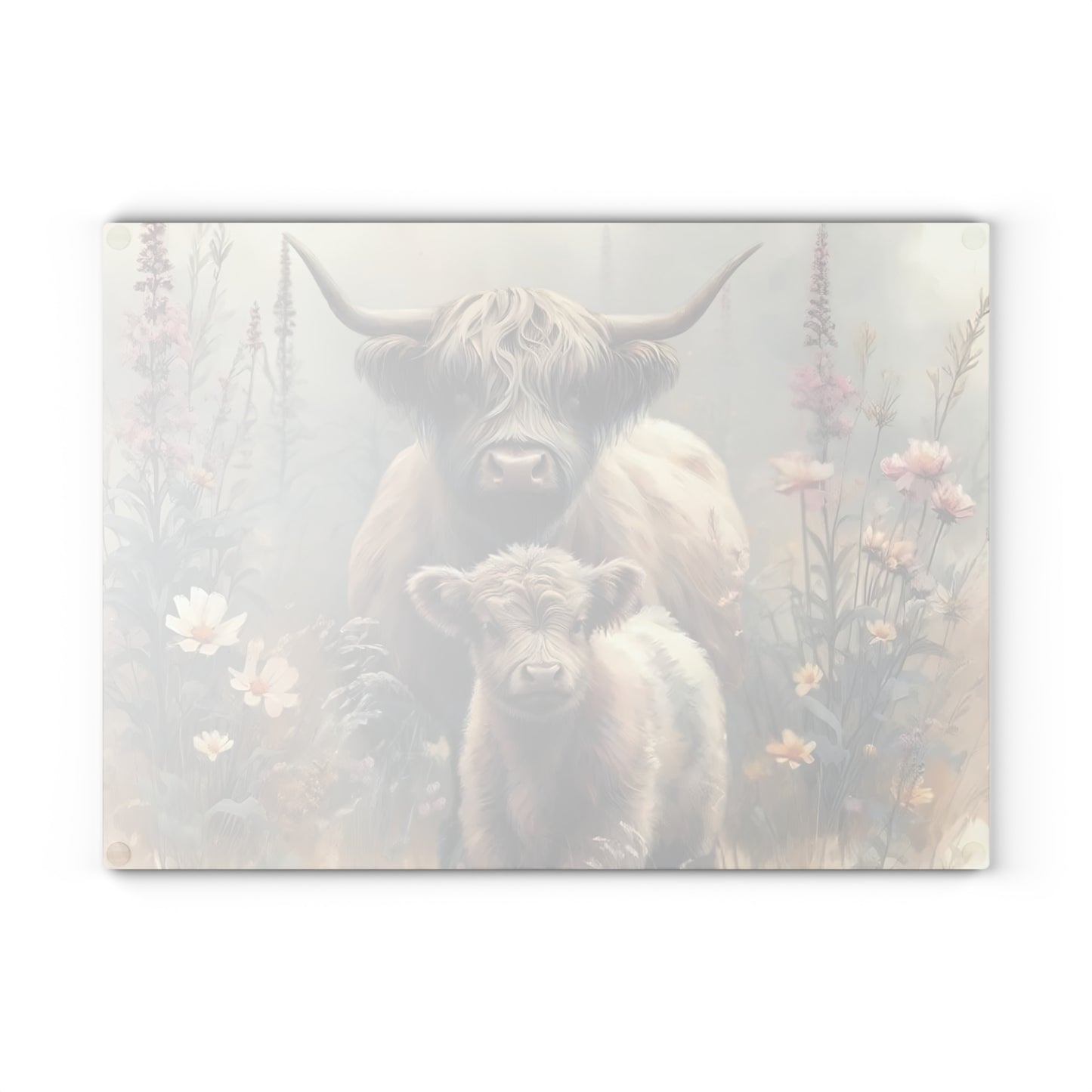 Tabla de cortar de vidrio templado con vaca y bebé de las Highlands