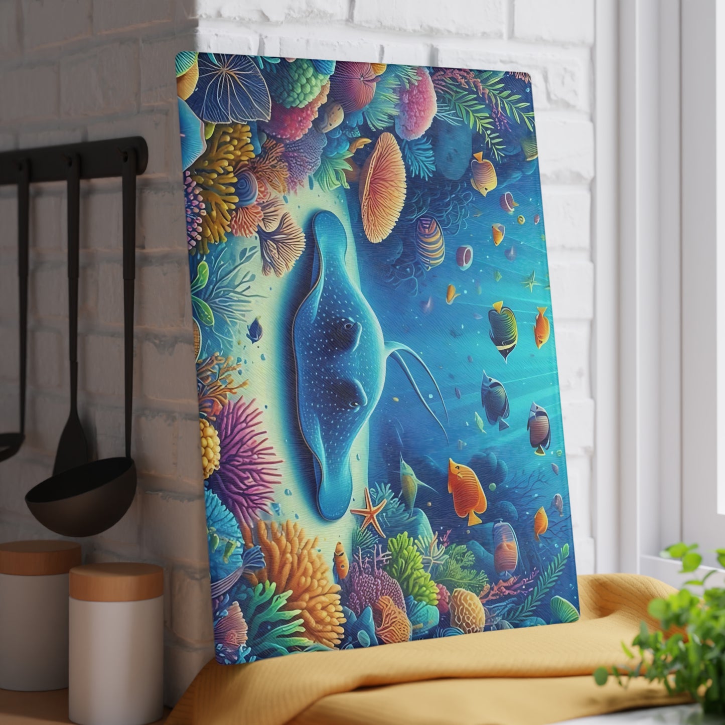 Stingray & Coral Reef Glass Cutting Board – Ocean Life Kitchen Decor with Saltwater Fish